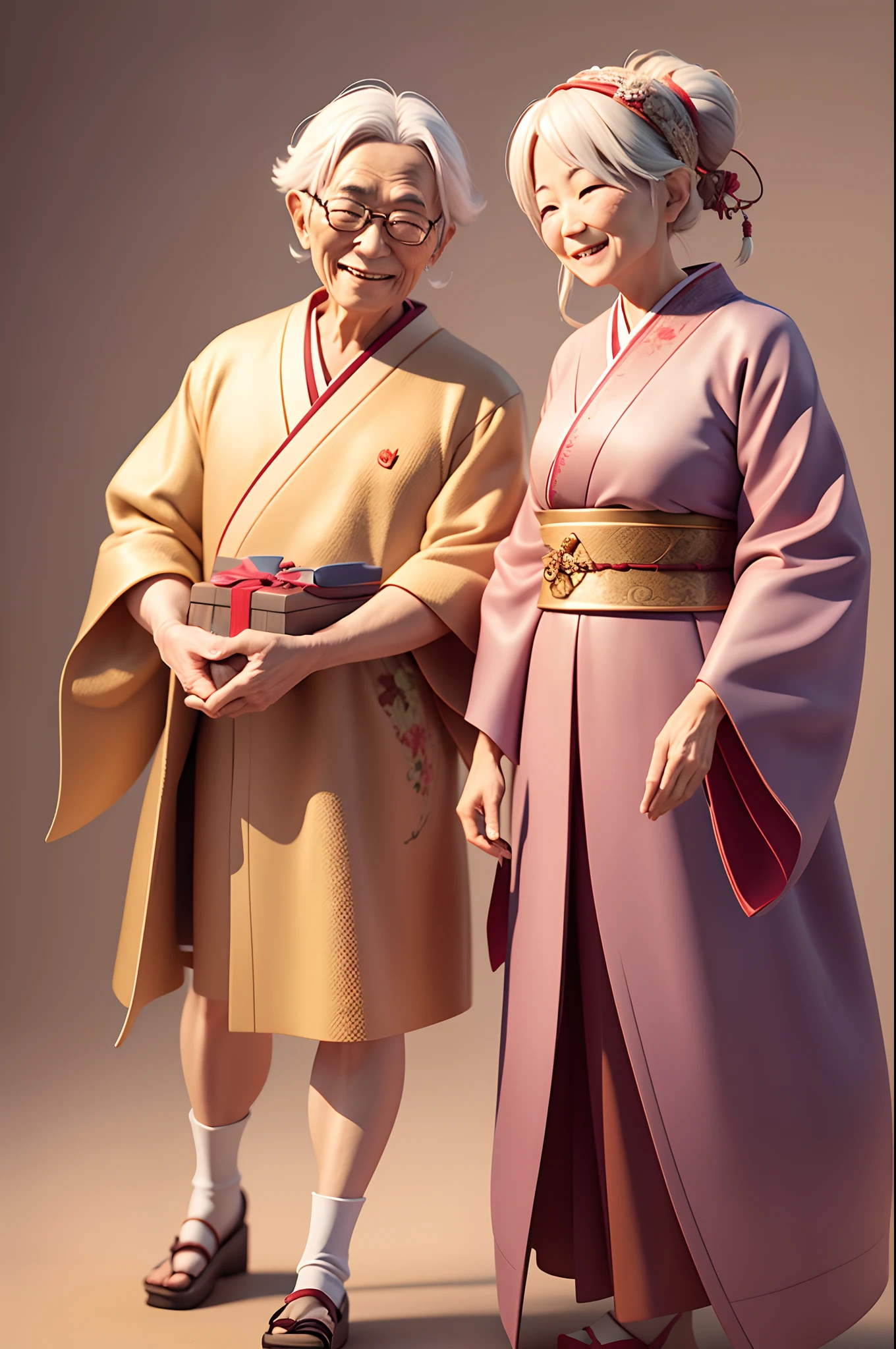 Japanese Grand Father and Grand Mother Smile and receiving gift from family, Digital Painting, Soft Lighting, Japanese Grand Parents Characters, Best Quality, Good Render, 3D Rendering.