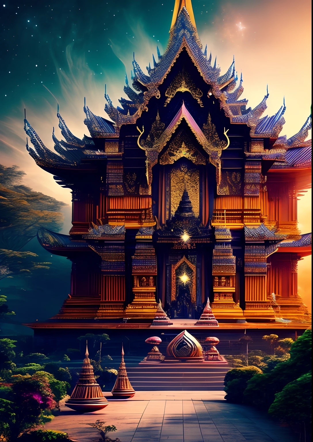 dreamlikeart, galaxy, outer space, nebula, star, [cyberpunked] Thai temple from the stars (star:1.5),