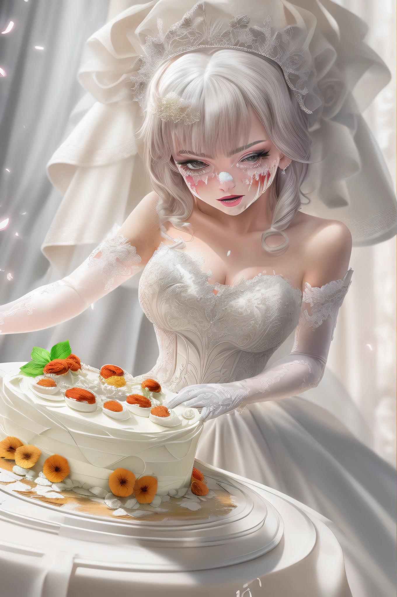 a picture of a bride getting the wedding cake smashed to her face, a beautiful young woman, exquisite elegant, sexy wearing wedding dress, getting the cake smeared on her face, wedding hall background, soft lightning, dynamic angle, best details, best quality, 16K, [ultra detailed], masterpiece, best quality, (ultra detailed), full body, ultra wide shot, photorealistic,