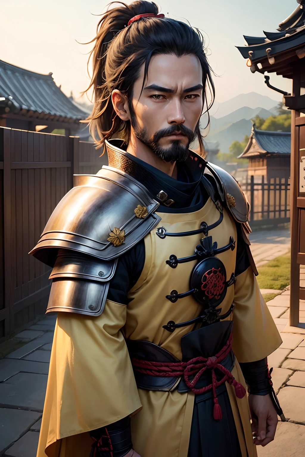 ((top-quality)), ((masterpiece)), ((Photorealsitic)), (ultra-detailliert),(Upper body only),(male people)(detailed facial features)、(Morning sun time)、(early evening)、(The time after which the afternoon passed...)、(Clothed)、 No watermark signature, The background is the battlefield、fight、former times、Old-fashioned world, 细致背景, insanely detaileda, complexly detailed, ((masterpiece)), absurderes, nffsw, nffsw, 8K, (Align Center, Frame Center), (foco nítido, charactor focus), 1male people, japanese samurai,Yellow Armor、 japanes、Wearing yellow armor,Yellow Armor、Sengoku Warlord, samurais、animesque、Toyotomi Hideyoshi、Similar to a monkey、Bearded、soio、frontage、Respectable background、The background is a castle town