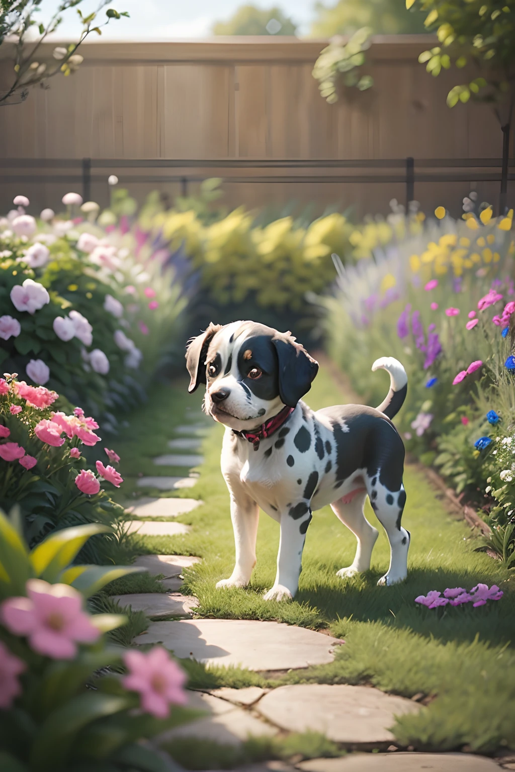 one DALMATIAN puppy in the garden.