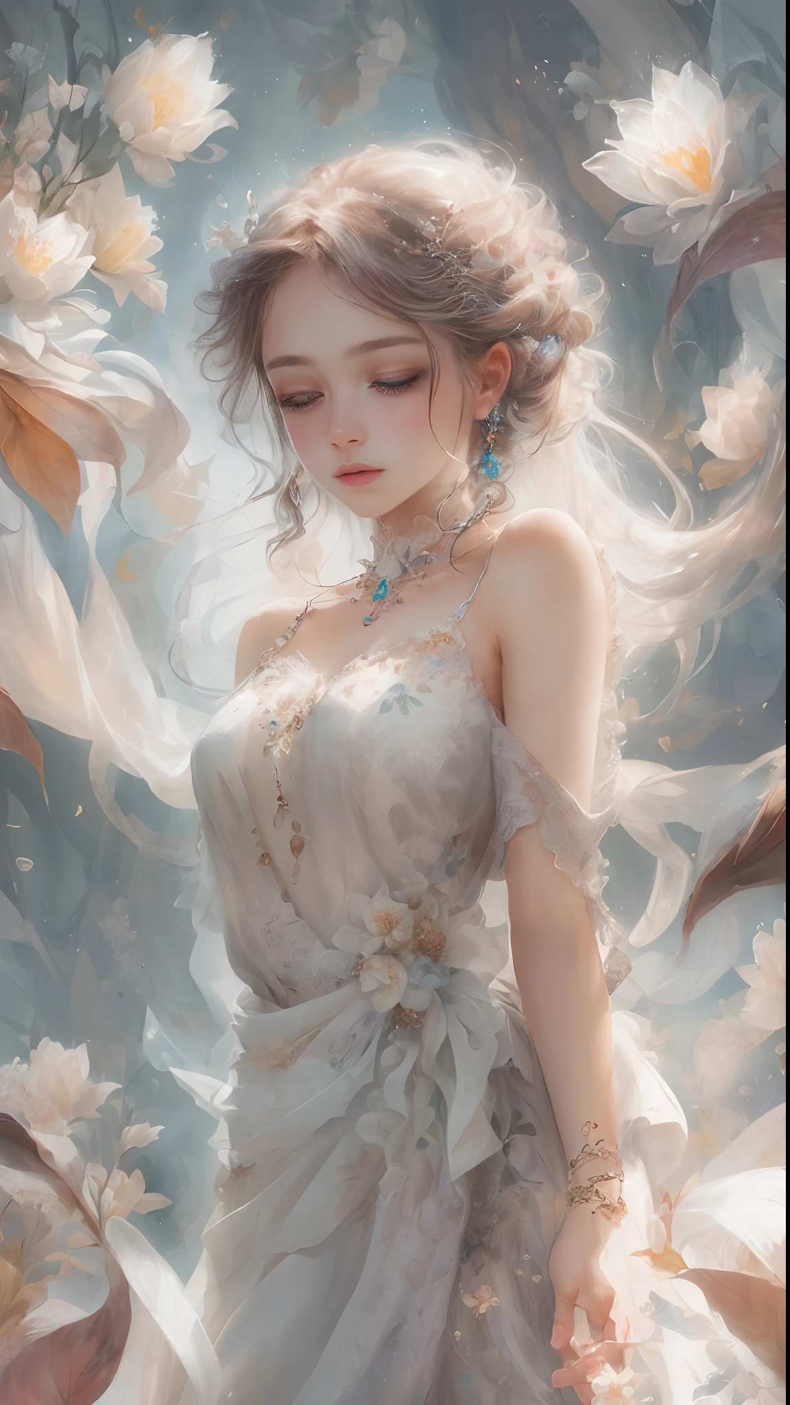 (Best quality, 4K, 8K, A high resolution, Masterpiece:1.2), Ultra-detailed, Realistic portrait, Detailed expression, Graceful posture, Dreamy atmosphere, expressive brush strokes, mystical ambiance, Artistic interpretation,Beautiful coiled hair，Delicate floral jewelry， Amazing little fresh style clothing, a whimsical illustration, Subtle colors and tones, mystical aura,The details have been upgraded