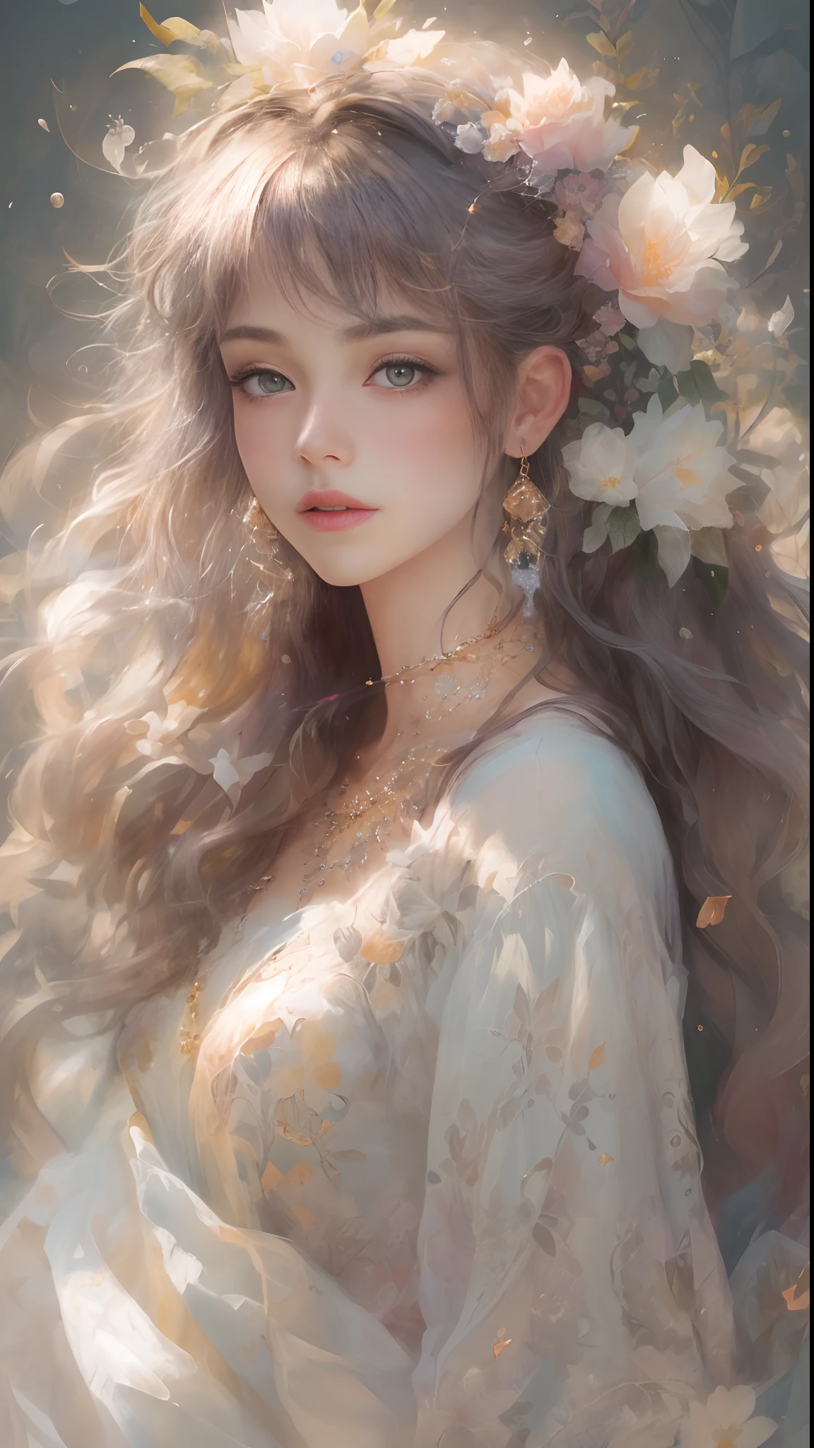 (Best quality, 4K, 8K, A high resolution, Masterpiece:1.2), Ultra-detailed, Realistic portrait, Detailed expression, Graceful posture, Dreamy atmosphere, expressive brush strokes, mystical ambiance, Artistic interpretation,Cute coiled hair，Delicate floral jewelry， Amazing little fresh style clothing, a whimsical illustration, Subtle colors and tones, mystical aura,The details have been upgraded