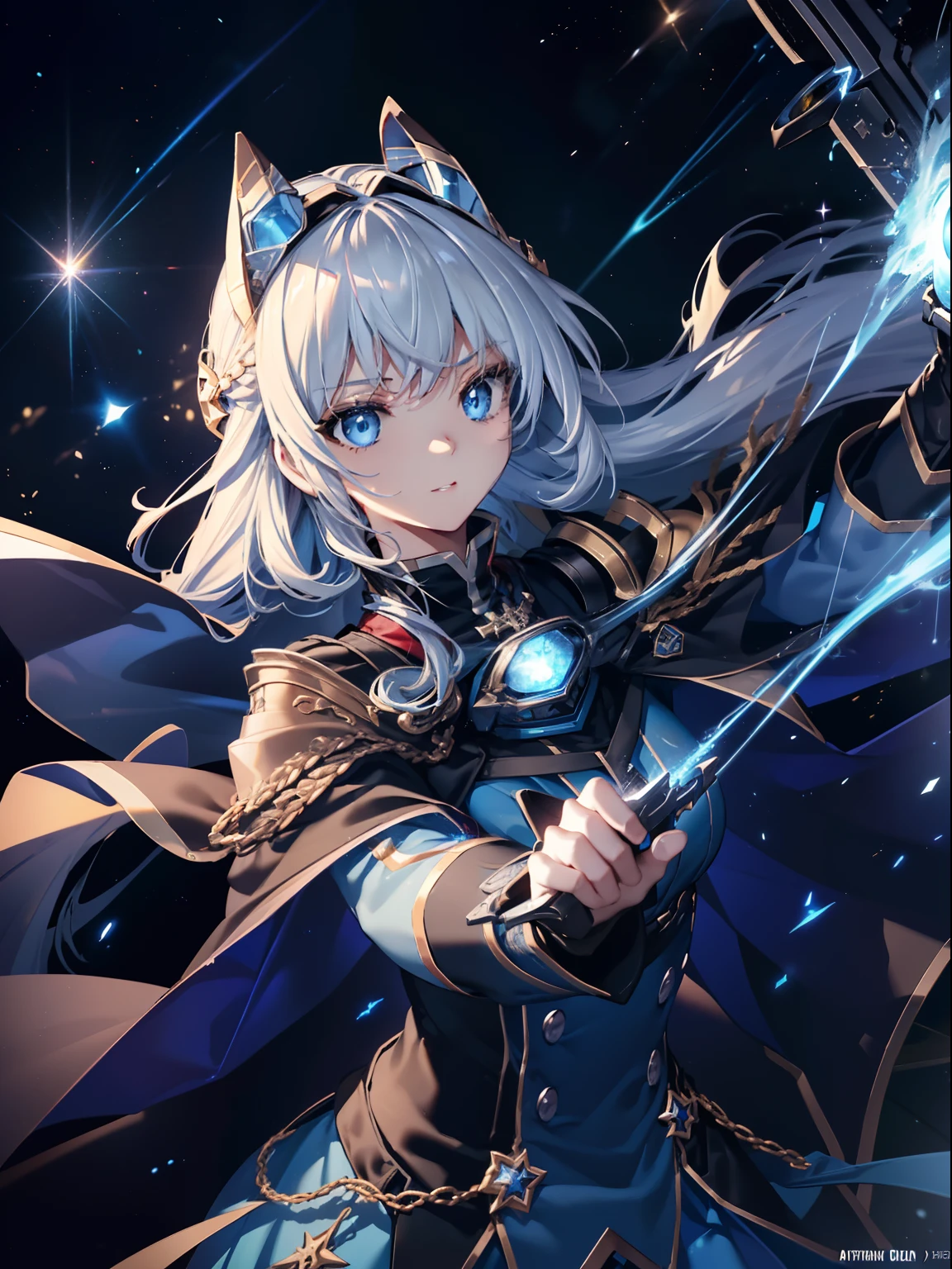 (She has cat ears:1.3),(Blue eyes in the starry sky:1.3),(Face Focus:1.3), (Wear detailed blue goggle-shaped goggles on your head:1.4),(sad:1.3),(Happy expression:1.3),(A smile:1.3),(Otome Knight:1.3),(long gray hair with bright details,:1.3), (hair messy:1.3), (Magic knight wielding fire torpedoes:1.3), (perfectly detailed eyes:1.3),(Adult leeway:1.3),(Battle angles that unleash the magic of flames from your hands:1.3),(dance:1.3),Her skin is pale,(Blue and white and gold war maiden costume:1.3),(small tit:1.5),(Blue military uniform jacket with red straps on shoulders and back:1.3),(Black and gold and red pirate suit:1.3),(Blue Lightning Brave Sword:1.3),She is a war maiden,Emitting an aura of light,(Face Zoom:1.3),Highest Quality, (Gripping the silver sword accurately:1.3),(Many blue glowing blades fly around her:1.3),Complex castle town,Lens Flare, Big rainbow,The moon shines,money, bloom, ((light glow)), chromatic abberation], Digital Painting, Insane details, Intricate details, Beautifully color graded, Anime Clothing,Unreal Engine, Cinematic , colour grading, Editorial Photography , Photography, Kiss Shot, Canon 5D Camera Photography,Shot on 70mm lens, Depth of subject, ultra sharpness, nffsw, octane, Unreal, Dramatic light, Global Illumination,Motion Picture Film,rainbow,lensflare,(Blue Cross and Shooting Star Aura Wave:1.3),(Blue military uniform cloak、Red string:1.3),(Agfacolor:1.3),(close portrait:1.3),(Feminine:1.4),(Beautiful:1.4),(Attractive:1.3),Move an angle,Themed Background,