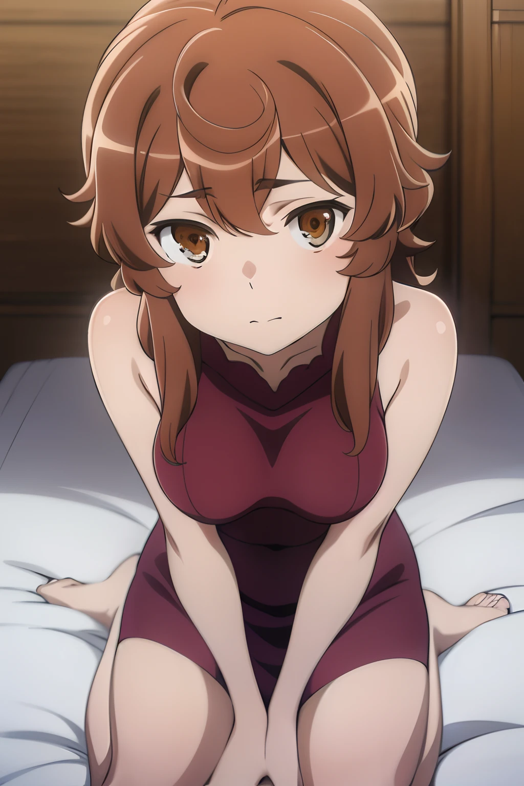 Highest quality, masterpiece, 4K, Highly detailed face, Highly detailed skin, Highly detailed wallpaper, Japanese anime, Second Dimension, Fine skin, Very beautiful cleavage, NSFW, , whole body, One girl, Embarrassed face, On the bed, Bob Hairstyle, Brown Hair, Detective Conan, Haibara Ai, Shelley, Sweaty, Adult appearance, Cosplay, Mine system, mini skirt, Eyes are hearts, Seducing a man, Spread your legs in an M shape