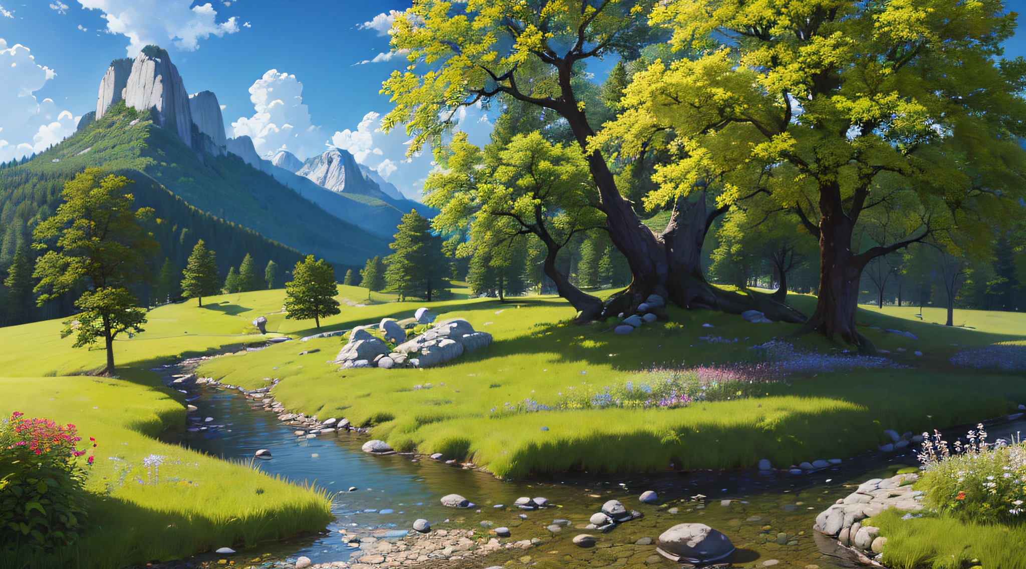 (Masterpiece, Best Quality, High Quality, Highres:1.4), Detailed, Extremely Detailed, Ambient Soft Lighting, 4K,
Outdoors, (Nature, Oak Forest:1.2), (Rocks:1.2), Mountais, Flowers, Plants,