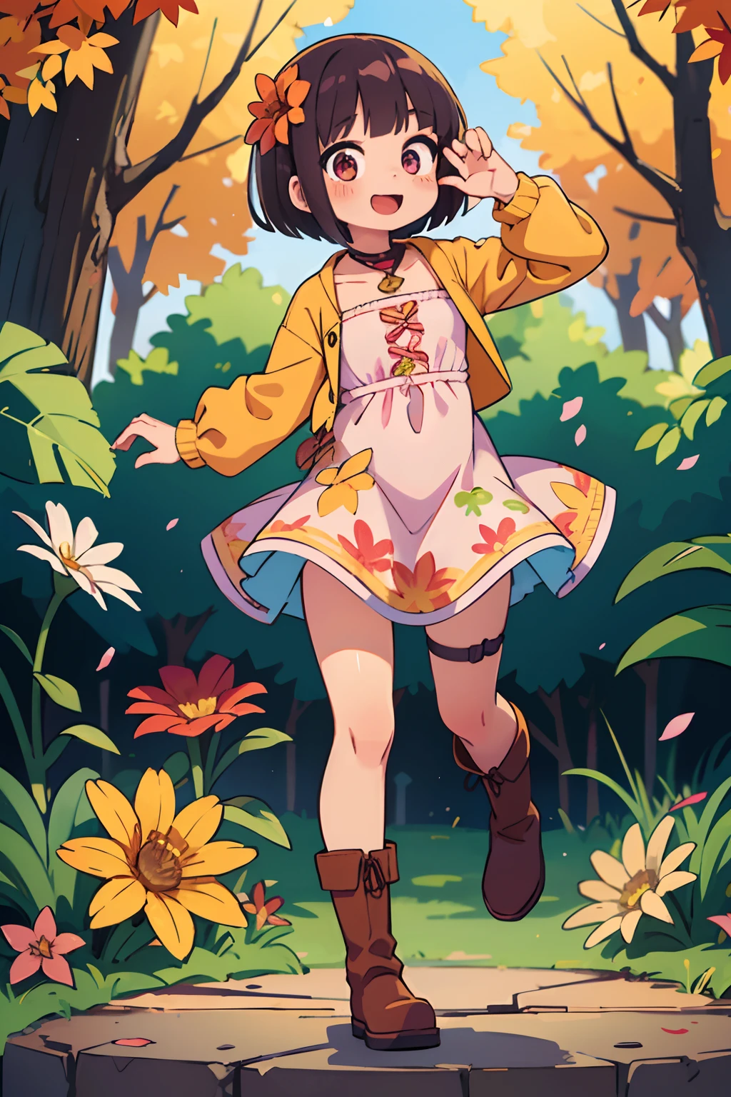 Stand in front of the photo、1girl in,Full body,a short bob,long boots,Open mouth and big smile、kawaii pose、Flowing iridescent silk、up of face、Eye Up、Colorcon with heart pattern、Floral dress、There are flowers even in front of you、flower petals、season!!:autumnal☀ 🍂