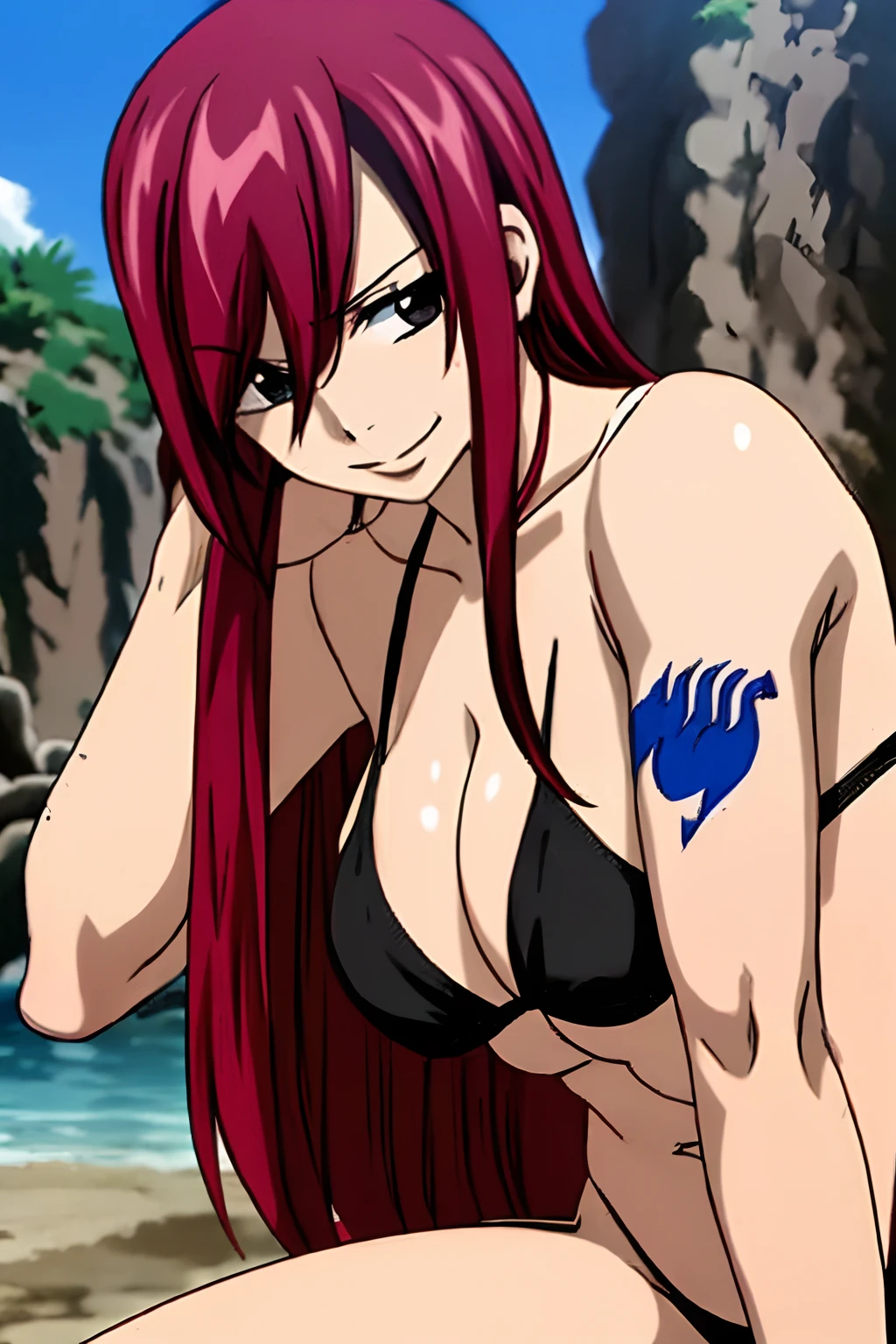 Scarlet erza, (tiny black bikini only), adult woman, big breasts, lying down, cowboy shot, best quality, ((right shoulder)), slightly strong arms, looking at viewer, important: shoulder tattoo only), big smile, perfect body, no injuries, knocked down, clean body, from left side