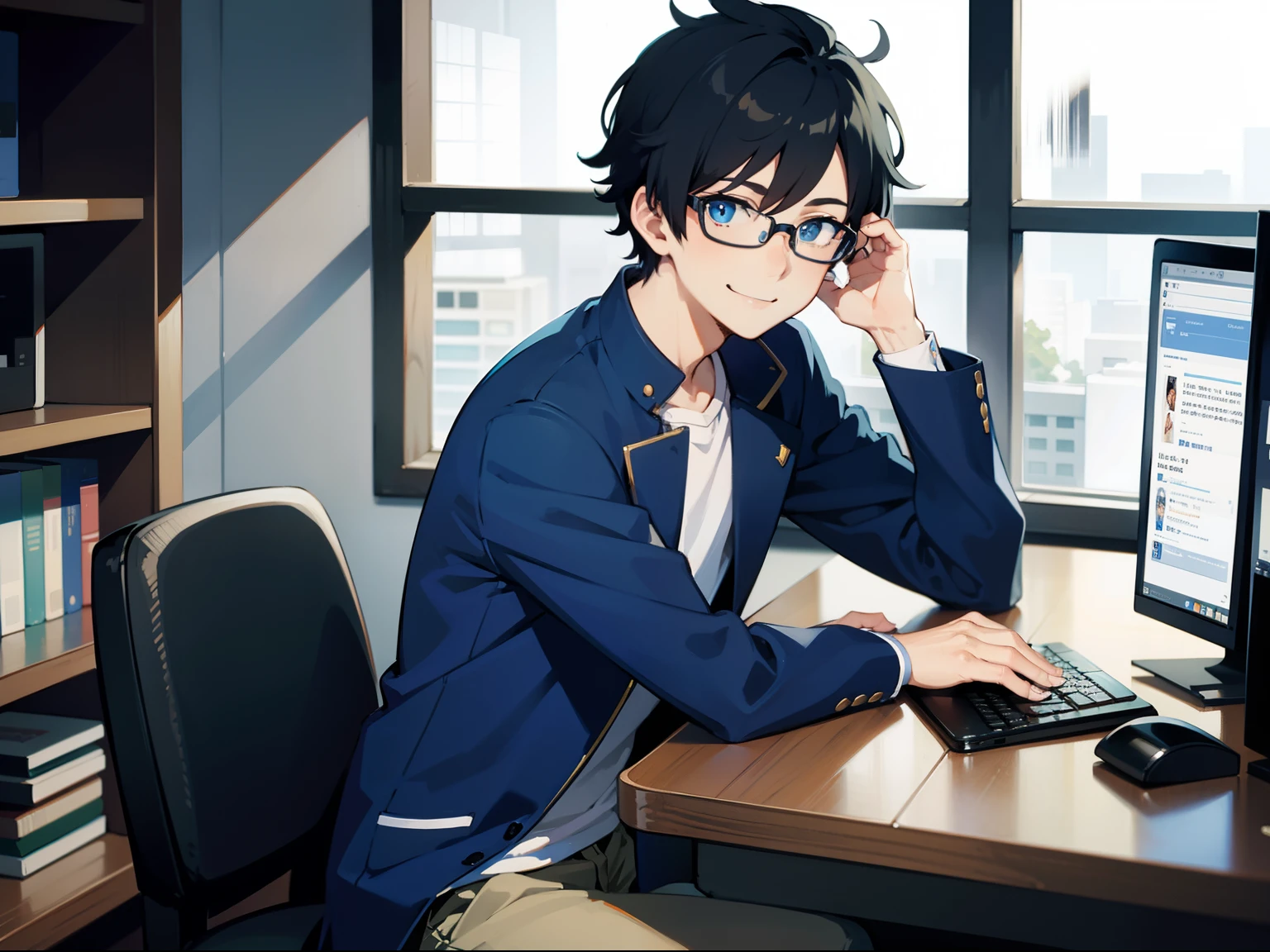 Anime, 1boy, blue jacket, short hair, black hair, looking at viewer, smiling, glasses, computer desk, sitting , blue eyes