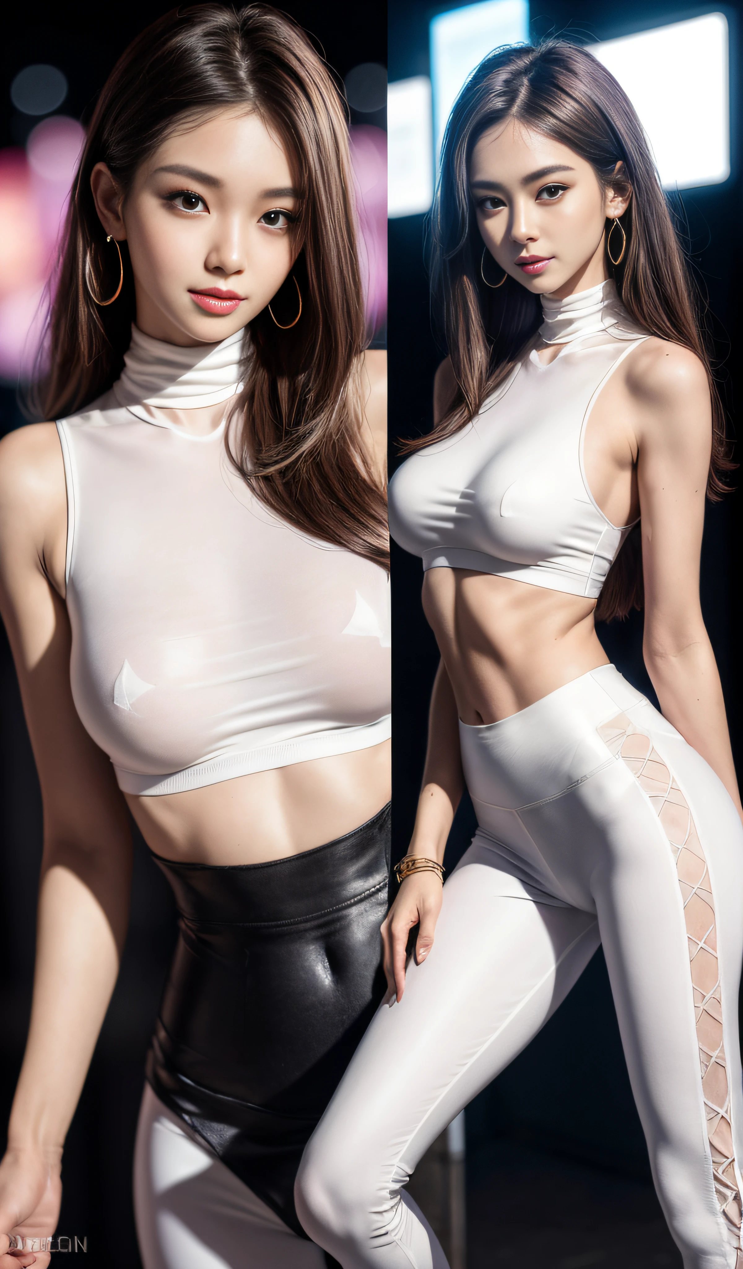 8K, Masterpiece, RAW photo, Best quality, Photorealistic, Extremely detailed CG unifies 8K, 8K, Diamond, and wallpaper, Depth of field, Cinematic light, Lens flare, Ray tracing, (Extremely beautiful face, Beautiful lips, Beautiful eyes), intricate detail face, ((ultra detailed skin)) 1girll, In the dark, deepshadow, Pretty Korean girl, Kpop idol, 1 girl, (Very slim and slender muscular body:1.3), ((full bodyesbian)),((Long legs)), ((view the viewer)),(Big smile:1.3), (Tight lace-up blouse), (Pink shirt), (Sleeveless) , (Fashion night, Dark night, (neon lights sign), (Blurred background), Fashion Street Night),(No one is in the background:1.3), Beautiful earrings, bangle, necklace, Pantyhose, Clear eyes, (Pale skin), (Big eyes), Face forward, ((full body shot shot)), ((Silk white leggings:1.3)),(big assa),(brown hairs),((Skinny silk pants)),(big assa), (view the viewer:1.3) open breast, Very slim, Medium breasts, Turn Back, Back shot, , underwear