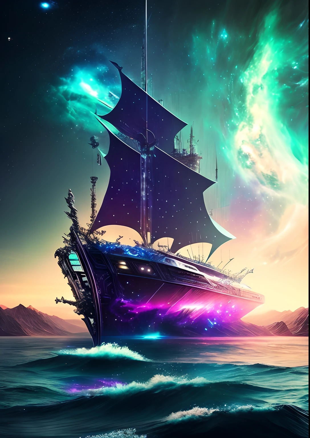 dreamlikeart, galaxy, outer space, nebula, star, [cyberpunked] Long boat from the stars (star:1.5),