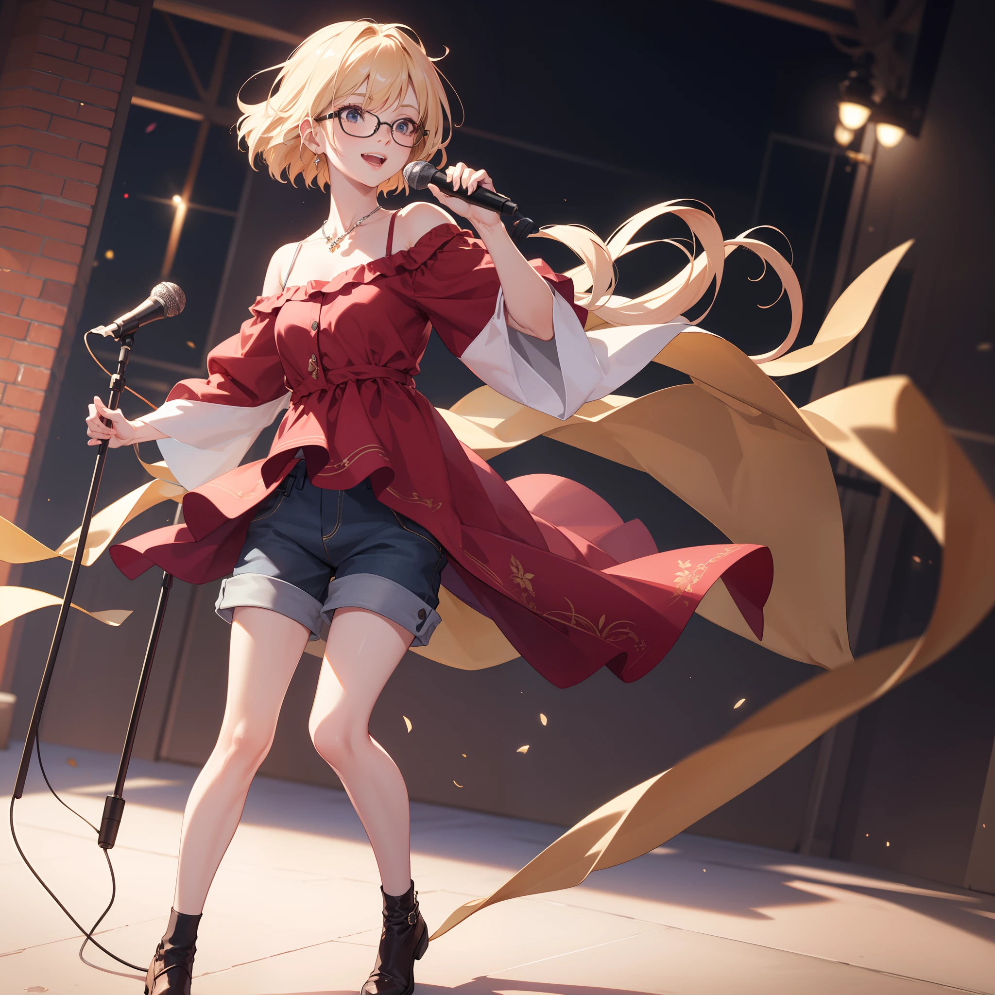 low angle,full body shot,medium shot,BRAKE concert:1.5,action:1.5,one off shoulder shirt:1.5,shortpants:1.5,glasses,Blowing in the wind:1.6,A smile,BRAKE Singing:1.5,Hold the microphone:1.6,Sing a song:1.7,dynamic pose,swet:1.3,BRAKE 4K, (Raw photo: 1.2), (Realism: 1.4), (masutepiece: 1.3), (exquisite detailing: 1.2), Delicate and beautiful details, (Eye Detail), (Facial Detailed), (Highest Quality:1.4), (very detailed illustration), Best Quality, Super Resolution,Wide light, natural shadows