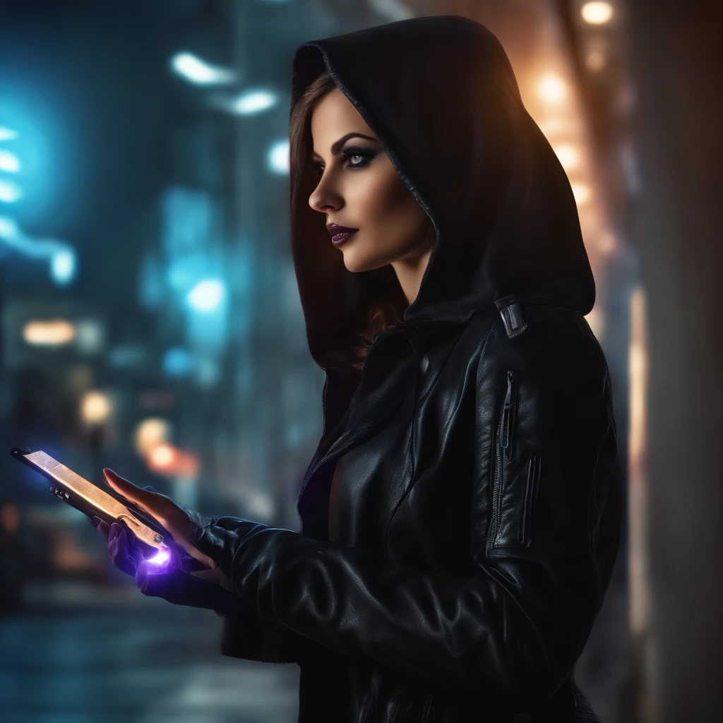 female , Hacker ,best quality, master part, ultrahigh-resolution, (fotografia realista:1.4), Surrealismo, Semelhante a um sonho,FusionArt, hacker das sombras, magia das sombras, Darkness Control, furtividade, passo da sombra, Umbral spells, hidden blade, binary codes