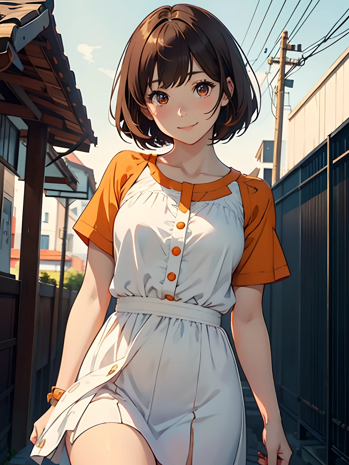 solo, anime girl, 1girl, brown hair, orange eyes, short hair, white dress, detailed eyes, beautiful eyes, cool smile, warm smile