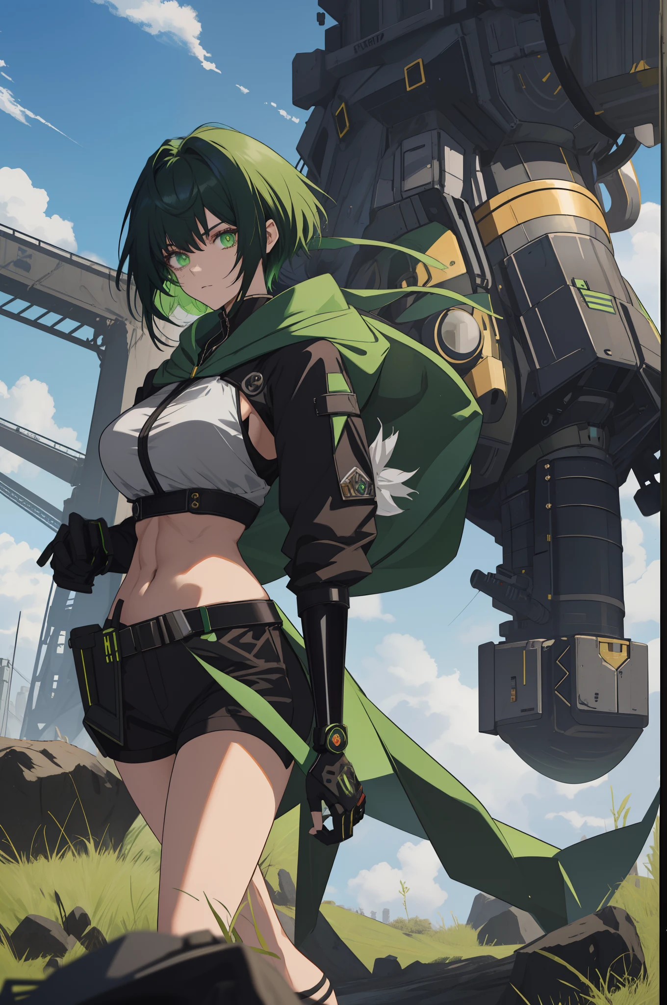 leges,mechanical leg,Black mechanical legs,Plump legs,Green gem setting,Anime girl standing gracefully on the ground,Black cape and green hair, rogue anime girl, Anime girl standing, Wearing a cloak on the blasted plain, asuka suit under clothes!, holy cyborg necromancer girl, badass posture, mechanic punk outfit, anime styled 3d, render of a cute 3d anime girl, gapmoe yandere grimdark, Female character,musculature,Abs,Glowing green eyes,Black hair with green gradient,short detailed hair,Bunched hair,Dull hair,(Muscle 2.0),Tomboyish,Be red in the face,looking at viewert,Elaborate Eyes,Black mechanical legs,huge tit,1.5,Green Greatsword,Left hand crossed waist,ssmile,robotic hand