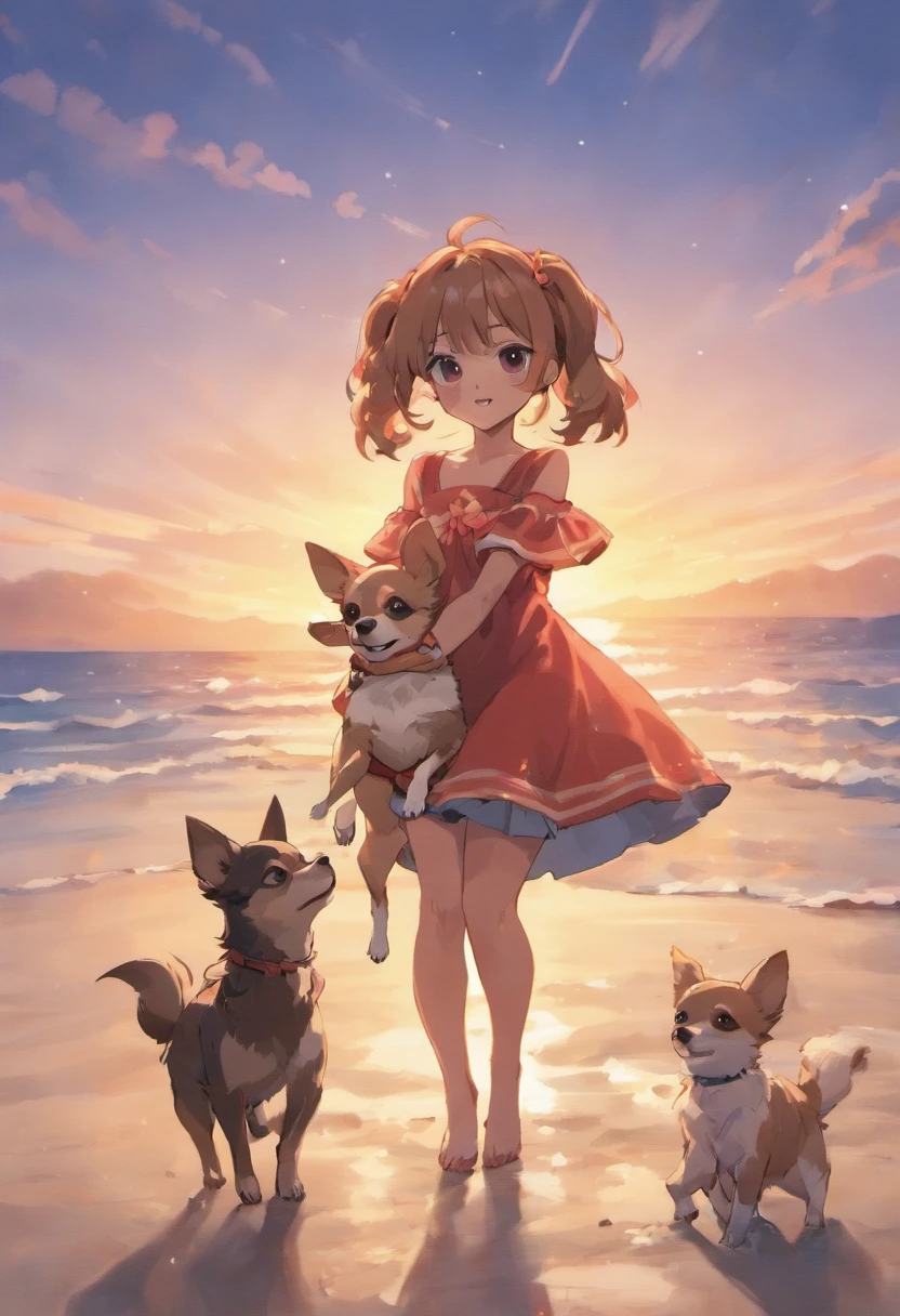 Chihuahua femelle brune avec trois chiots jouant sur une plage