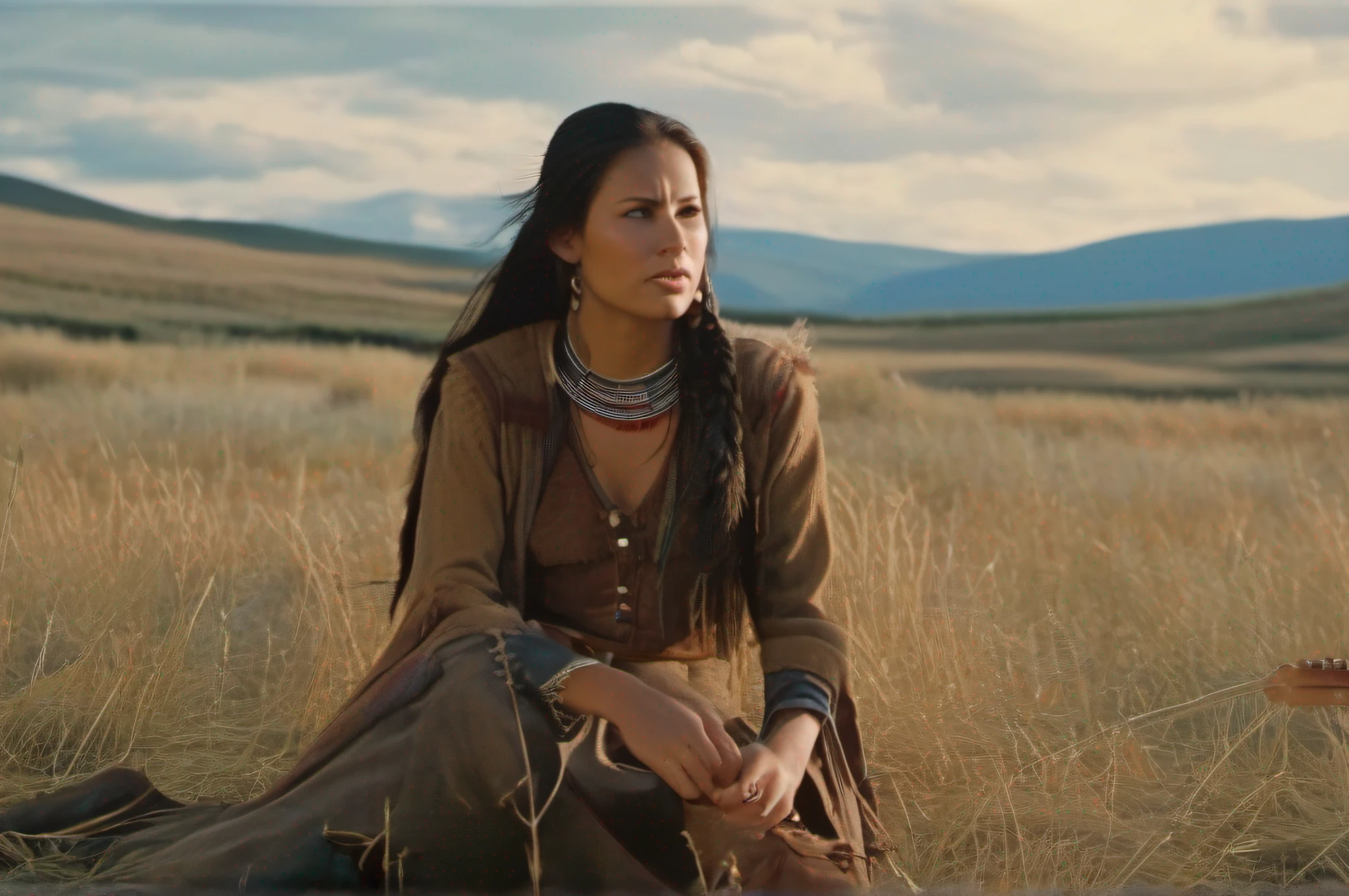 A cinematic scene from Dances with the Wolves, western, close up shot, beautiful native american young woman, staring at the camera, shot on Sony cinematic camera, film directed by Kevin Costner, happy cinematic lighting, smiling, happy, highly detailed, anamorphic style. Photo realistic. Ultra HD 32K --AR 16:9, -- chaos 1, --v 5., --s 1000, -q1, -- iw2, style raw
