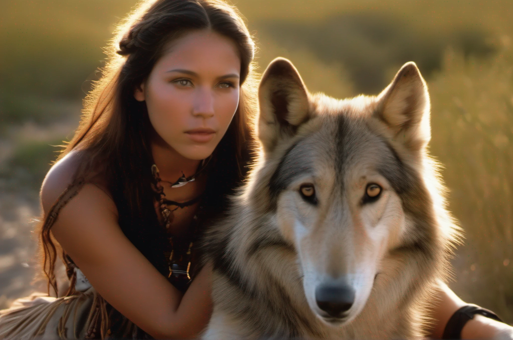 A cinematic scene from Dances with the Wolves, western, close up shot, beautiful native american young woman, staring at the camera, shot on Sony cinematic camera, film directed by Kevin Costner, happy cinematic lighting, smiling, happy, highly detailed, anamorphic style. Photo realistic. Ultra HD 32K --AR 16:9, -- chaos 1, --v 5., --s 1000, -q1, -- iw2, style raw