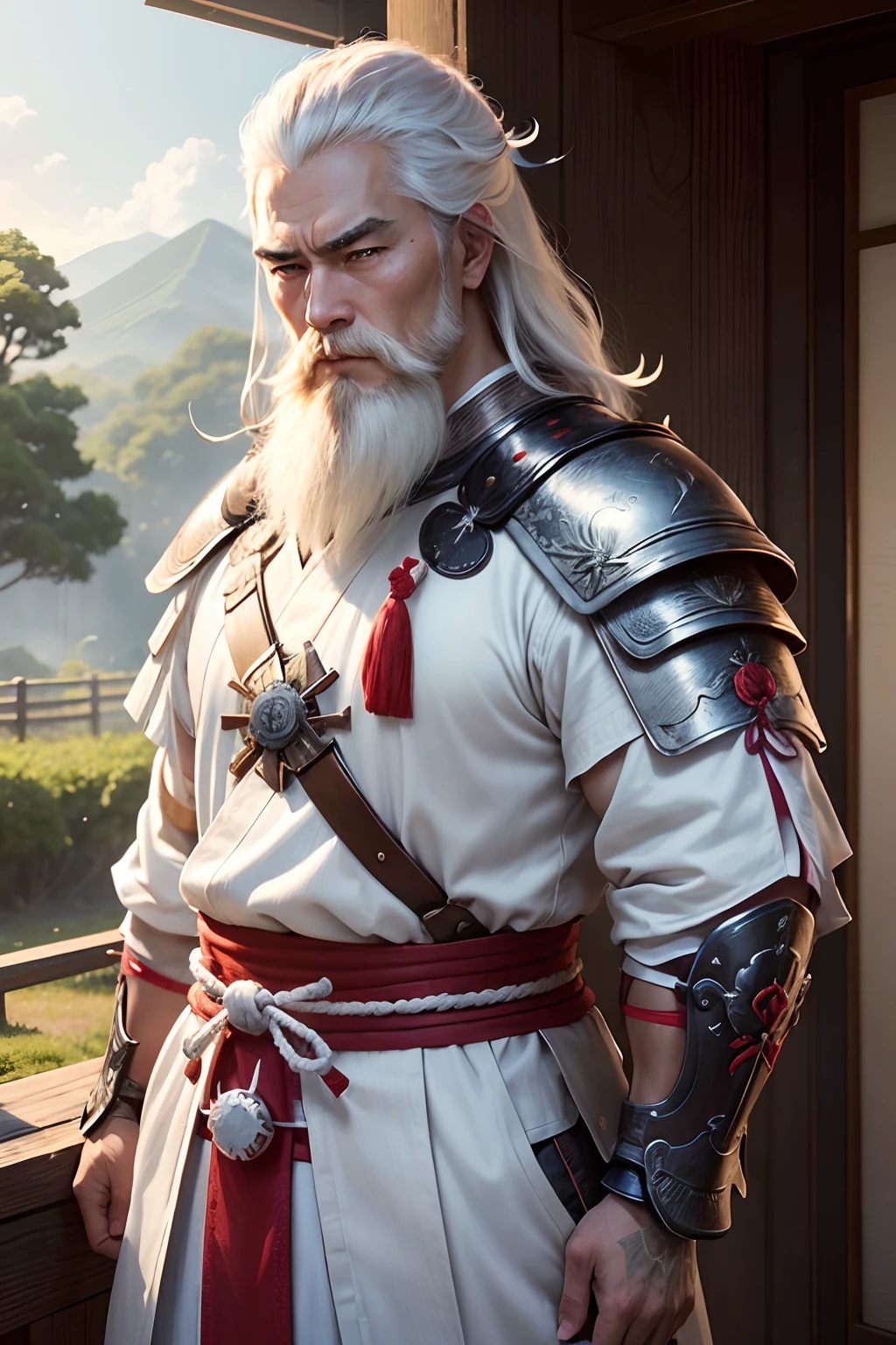 ((top-quality)), ((masterpiece)), ((Photorealsitic)), (ultra-detailliert),(Upper body only),(male people)(detailed facial features)、(Morning sun time)、(early evening)、(The time after which the afternoon passed....)、(Clothed)、 No watermark signature, The background is the battlefield、fight、former times、Old-fashioned world, 细致背景, insanely detaileda, complexly detailed, ((masterpiece)), absurderes, nffsw, nffsw, 8K, (Align Center, Frame Center), (foco nítido, charactor focus), 1male people, japanese samurai,White armor、 japanes、Wearing white armor,White armor、Sengoku Warlord, samurais、animesque、Shingen Takeda、White-bearded、Soio、frontage、Respectable background、Wind forest volcano、Whitehair、Uncle、fat