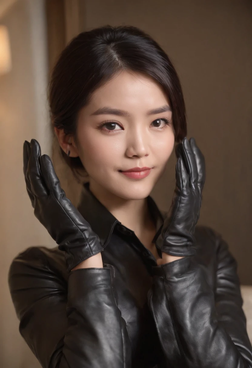 I'm wearing black leather gloves up to my fingertips in both hands and covering my upper body. Black three-piece suit. Sitting in a leather chair on a desk in my room with a computer in the dark and laughing behind the screen. Black hair tied up behind for a long time. Look here, play with my hair with the fingertips of black leather gloves, an exceptionally cute Japanese female