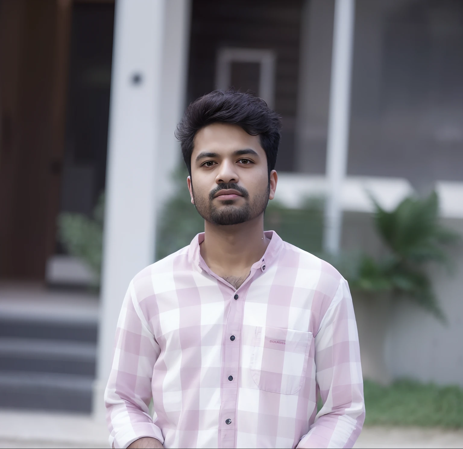 arafed man in a pink and white checkered shirt standing in front of a building, taken with sony a7r camera, taken with canon eos 5 d mark iv, photo taken with sony a7r camera, taken with canon 8 0 d, taken with canon 5d mk4, jayison devadas, taken with sony alpha 9