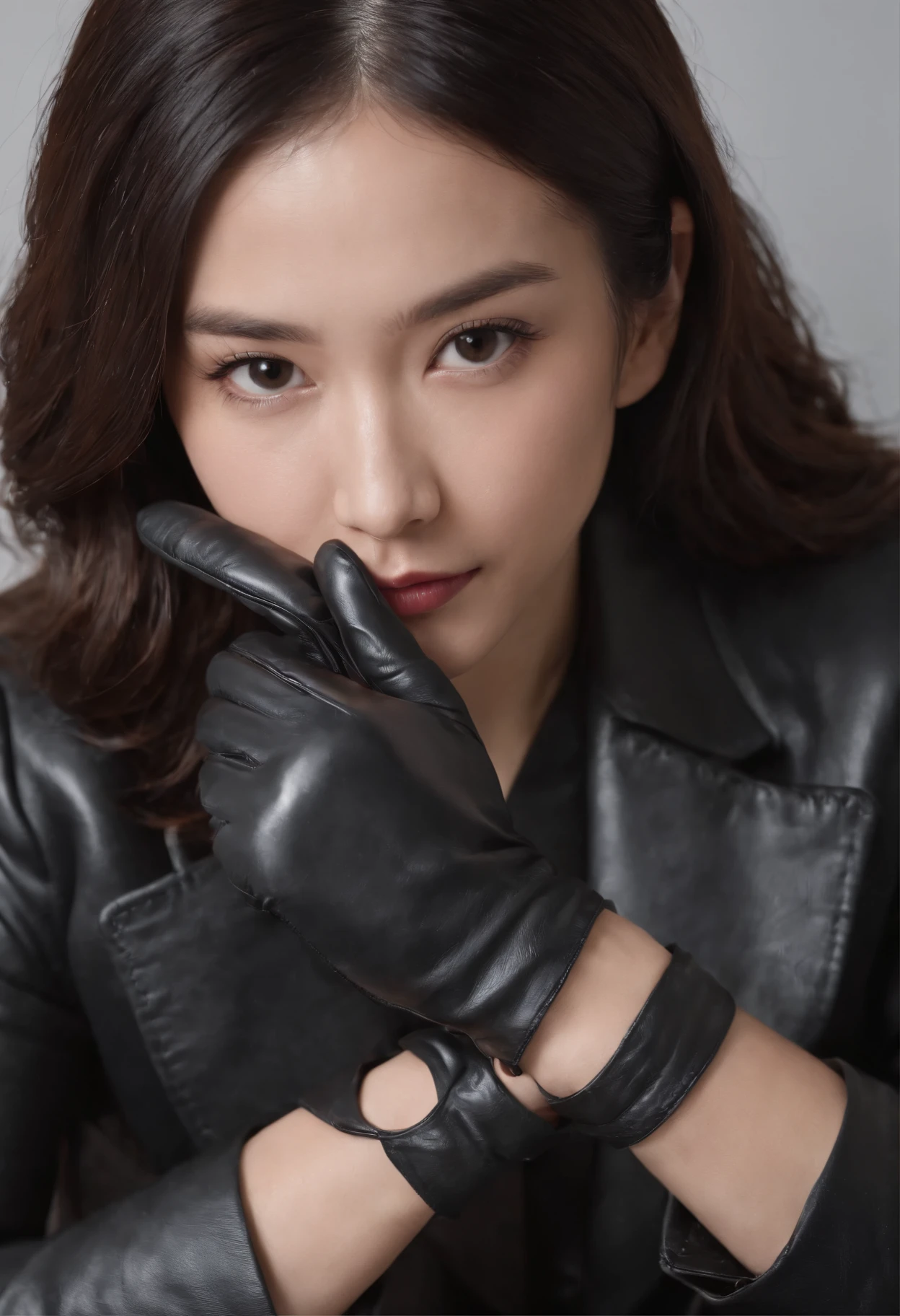 I'm wearing black leather gloves up to my fingertips in both hands and covering my upper body. Black three-piece suit. Sitting in a leather chair on a desk in my room with a computer in the dark and laughing behind the screen. Black hair tied up behind for a long time. Look here, play with my hair with the fingertips of black leather gloves, an exceptionally cute Japanese female