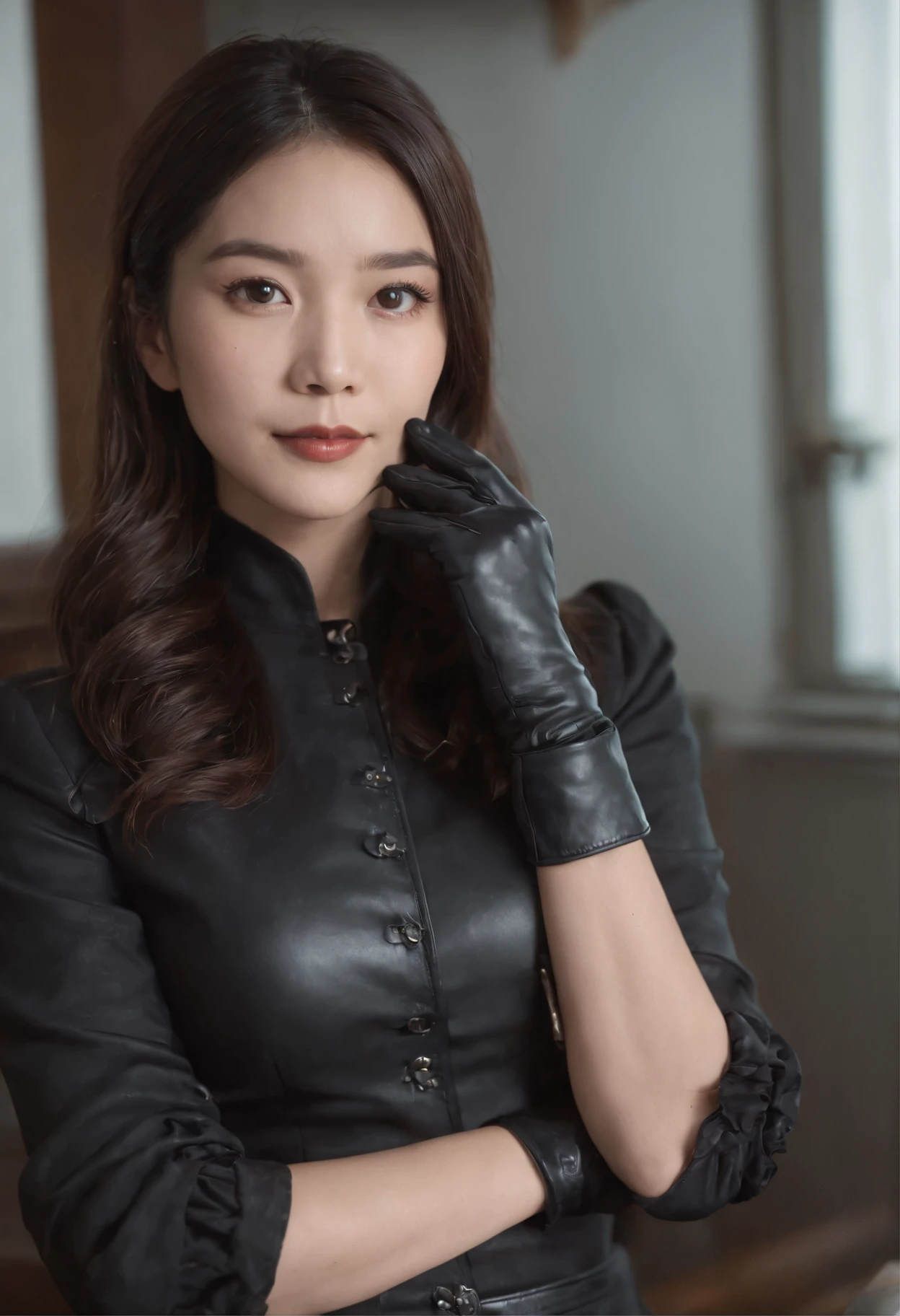 I'm wearing black leather gloves up to my fingertips in both hands and covering my upper body. Black three-piece suit. Sitting in a leather chair on a desk in my room with a computer in the dark and laughing behind the screen. Black hair tied up behind for a long time. Look here, play with my hair with the fingertips of black leather gloves, an exceptionally cute Japanese female
