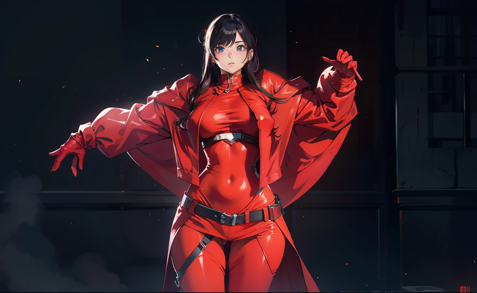 4K, A high resolution, Best quality at best, masterpiece, perfect colors, perfect shadow, perfect litthing, ((sportrait)), 1woman, fit-muscled body, bright yellow eyes,dark brown hair , blue eyes, With round lenses, big breast, The audience watched carefully, (s face: 1.2), Perfect female figure, ((standing)), ((red Tight crop top pure red leather suit)), ((shy and looking at viewert)), (Perfect thick white eyebrows) Delicate fur, 详细s face, s the perfect face, (model pose standing),(abstract background:1.5), (treditional dress:1.2), (shiny skin), (many colors:1.4), upper body