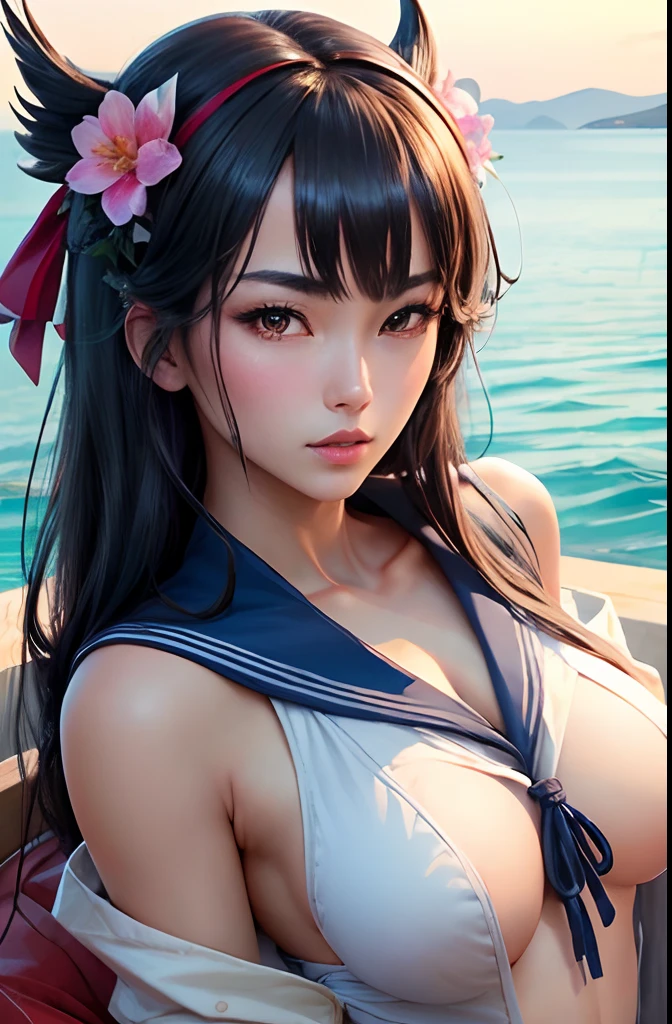 (Best Quality,hight resolution:1.2),Eyes and faces with detailed,Detailed lips,Setsunai,elongated fingers,Art Sculpture,Vibrant colors,Beautiful skin texture,Showing the crotch、Ikiso、No good、Full visible、a sailor suit、barechested、change of clothes