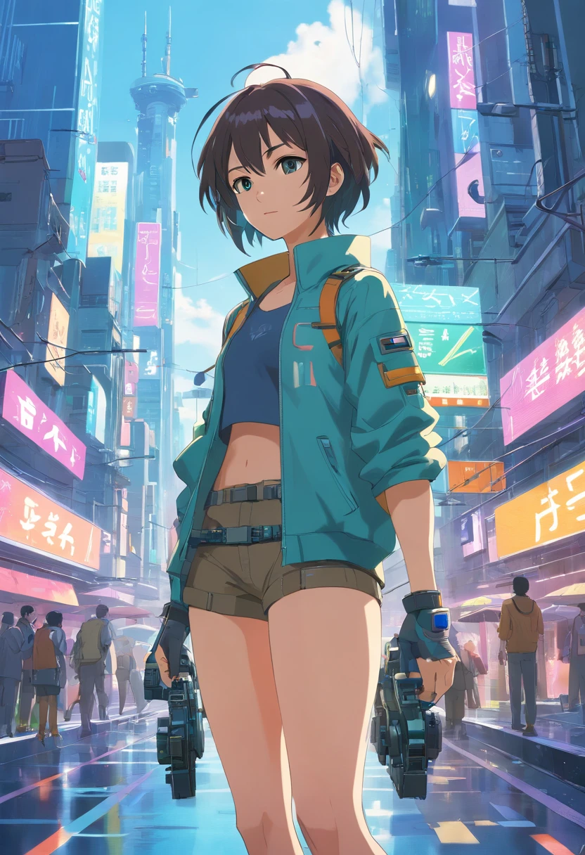Um homem russo grabde e forte de cabelos nehros usando roupas cyberpunk e equipamento militar futurista, roupa futurista, medium muscles, olhar serio sombrancelhas grossas, carrega uma arma tecnologica, em um cenario futurista estilo solarpunk, predios de arquitetura futurista, Urban Utopian Solarpunk Paisagen, Estilo de anime 3D realista