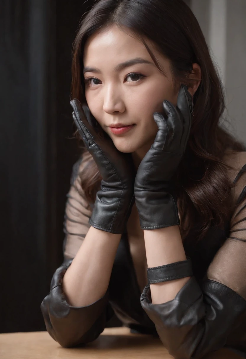 I'm wearing black leather gloves up to my fingertips in both hands and covering my upper body. Black three-piece suit. Sitting in a leather chair on a desk in my room with a computer in the dark and laughing behind the screen. Black hair tied up behind for a long time. Look here, play with my hair with the fingertips of black leather gloves, an exceptionally cute Japanese female