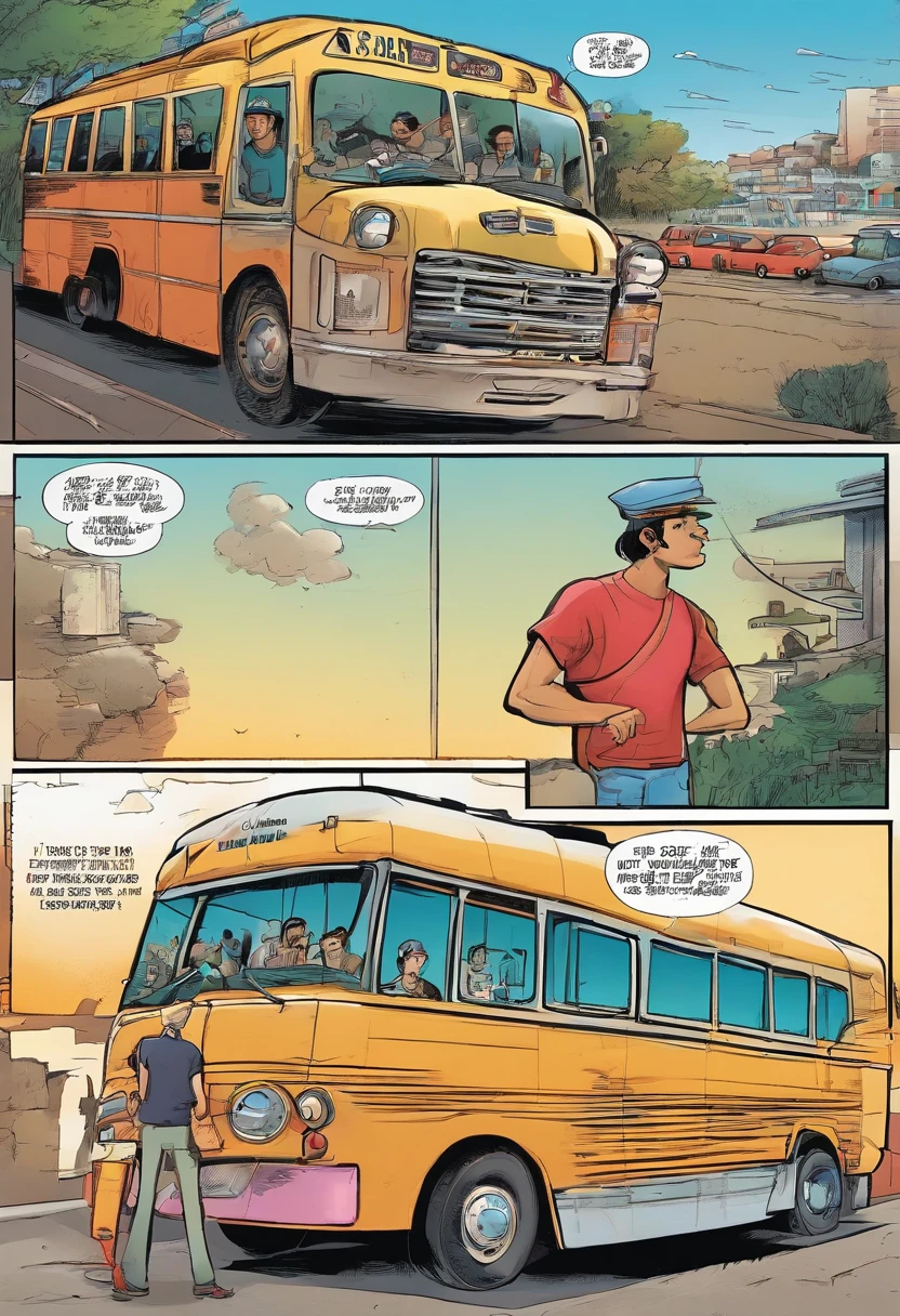 Quadrinhos americanos, The comic is presented in several irregular panels with colors. sombrias, A bus driver looks back with blank eyes and a deformed face, dois jovens entram no onibus, . The style is exaggerated and detailed, photorealista