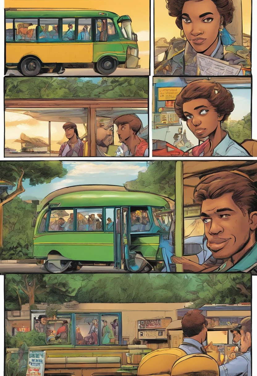 Quadrinhos americanos, The comic is presented in several irregular panels with colors. sombrias, A bus driver looks back with blank eyes and a deformed face, dois jovens entram no onibus, . The style is exaggerated and detailed, photorealista