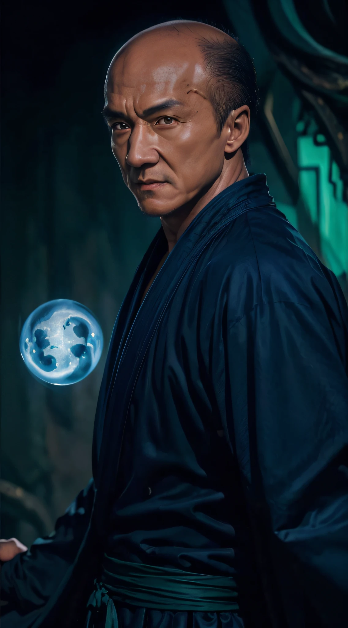 actor ((Jackie Chan)) as Shang Tsung, Mortal Kombat, ((old)), sinister-looking, ((bald spot)), ((goatee)), dark blue long robe, green transparent souls on background, intricate, high detail, sharp focus, dramatic, photorealistic painting art by greg rutkowski