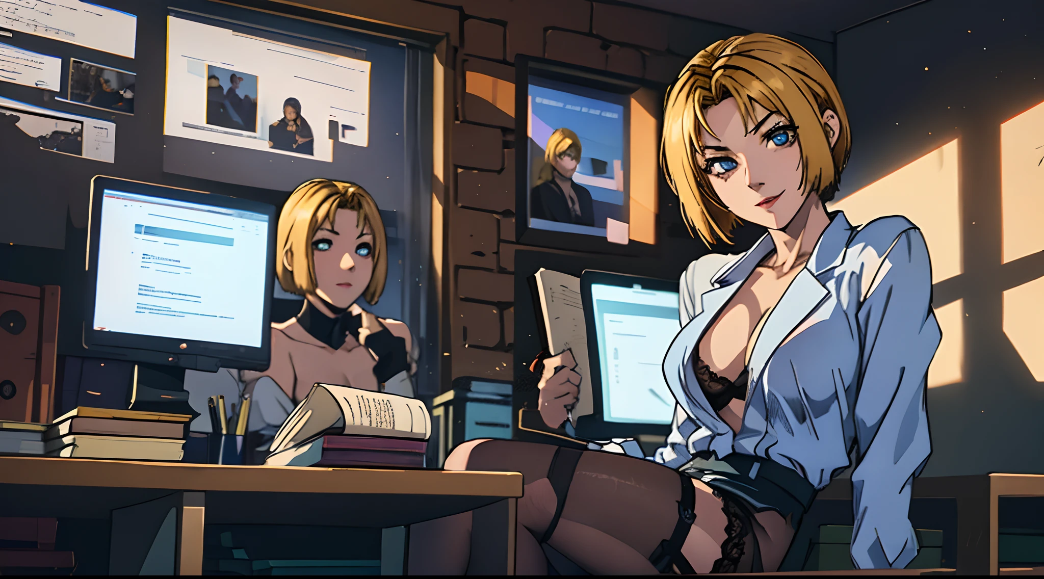 Bible black, Reika Kitami, short blond hair, stockings with garter belts, mischievous face, extremely detailed face and eyes, office background, absurdes, beautiful shadow and dim lighting