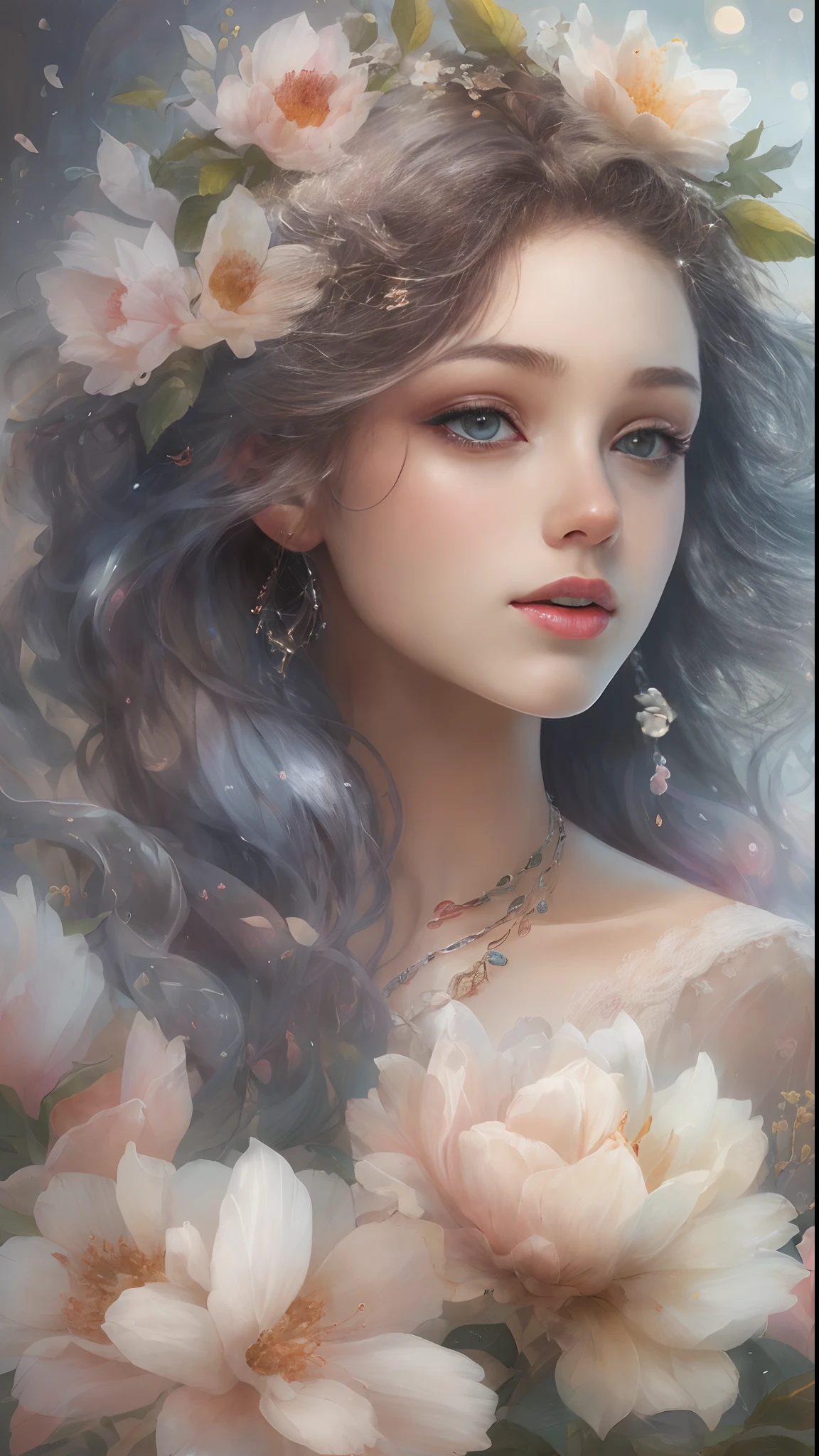 (Best quality, 4K, 8K, A high resolution, Masterpiece:1.2), Ultra-detailed, Realistic portrait, Beautifully detailed eyes, beautiful detailed lips, Detailed expression, Graceful posture, subtly lit, Dreamy atmosphere, Dark-toned background, expressive brush strokes, mystical ambiance, Artistic interpretation, Stunning Studio Ghibli style costumes, a whimsical illustration, Subtle colors and tones, mystical aura,