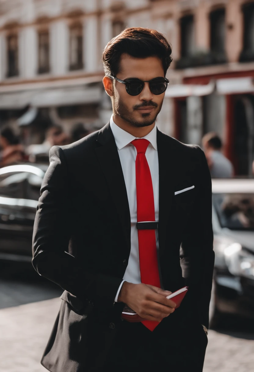 reporter masculino com terno preto, Red tie and notebook, with the expression of curiosity interviewing a person