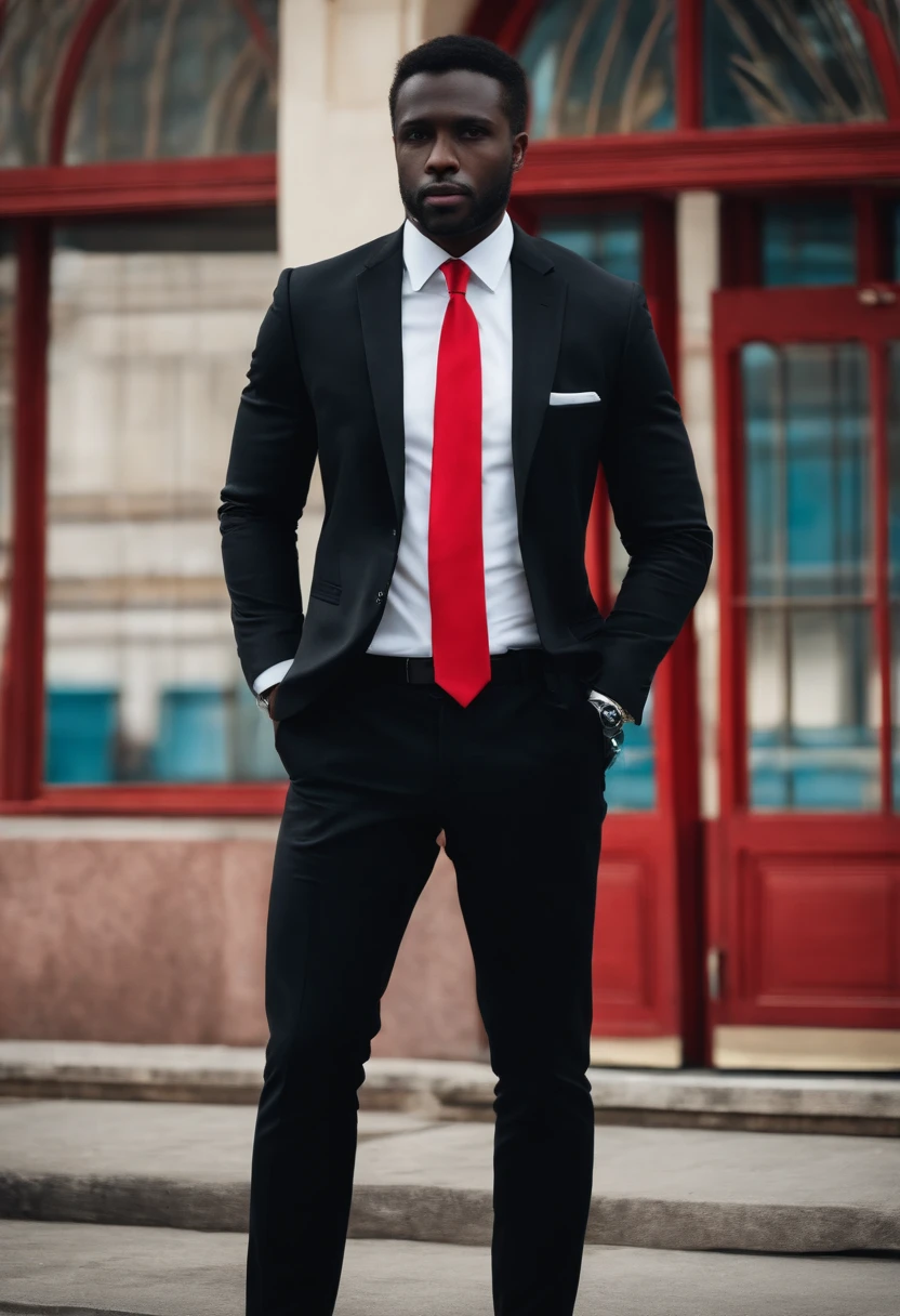 reporter masculino com terno preto, Red tie and notebook, with the expression of curiosity interviewing a person