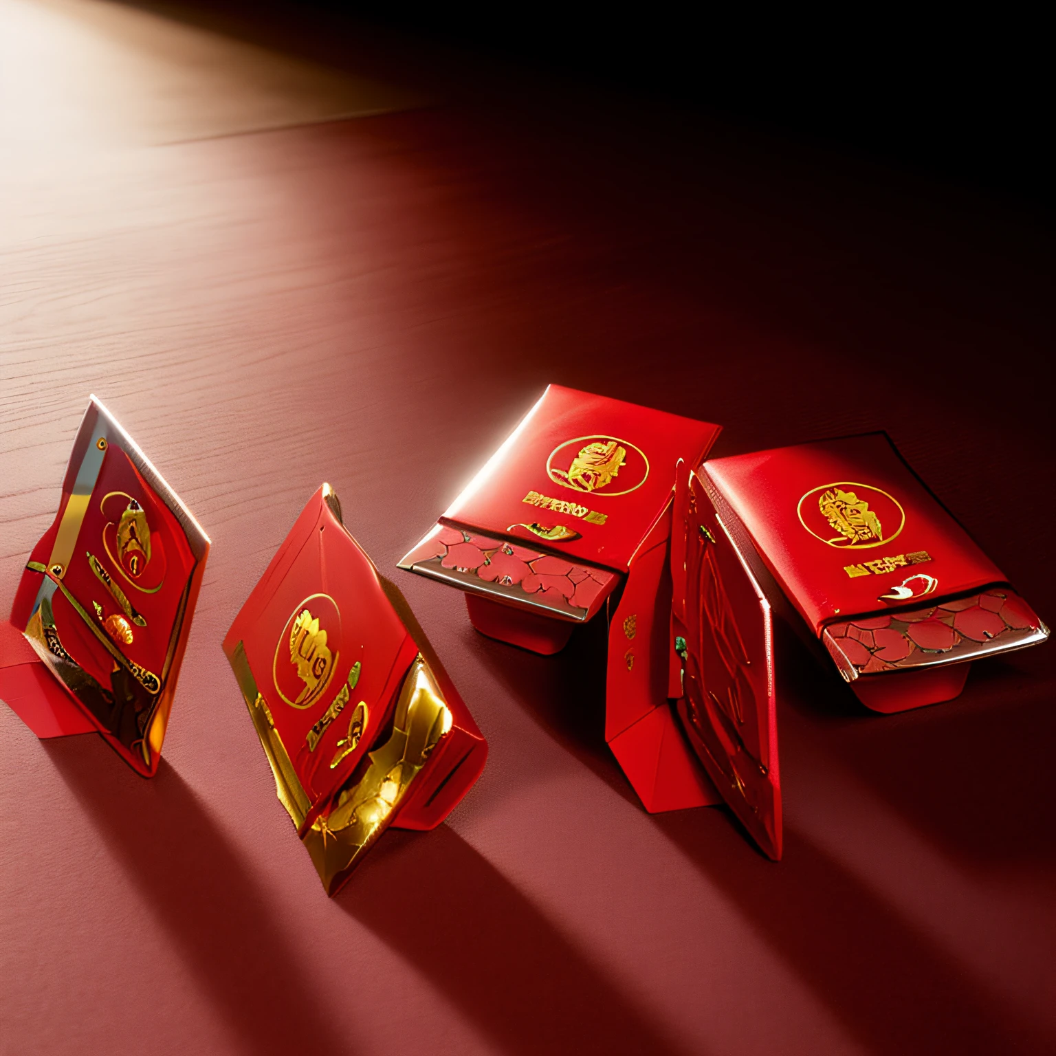 Four packets of red envelopes,It has gold leaf on it, high quality product photo, high quality product image”, Product photo, Official product photo, changquan, miniature product photo, Official product image, nanquan, tin foiling, close-up product photo, product introduction photos, Oriental, detailed product photo, 6 packs, highly detailed product photo, high resolution product photo,The background is a new Chinese style table,red colour,jubilation,Product photo,Chinese knot,janelas