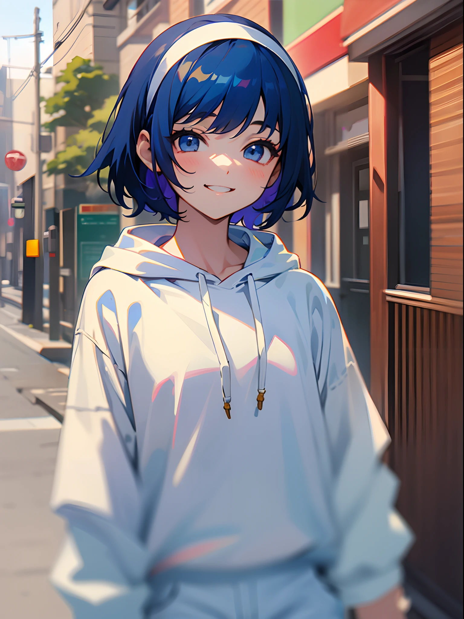 17 years old girl、Hair short like a boy、Dark blue hair、white hairband、looking at the viewers、Laugh、Wearing a white hoodie、white t-shirts、cowboy  shot、shortpants、Red-tinted street trees background