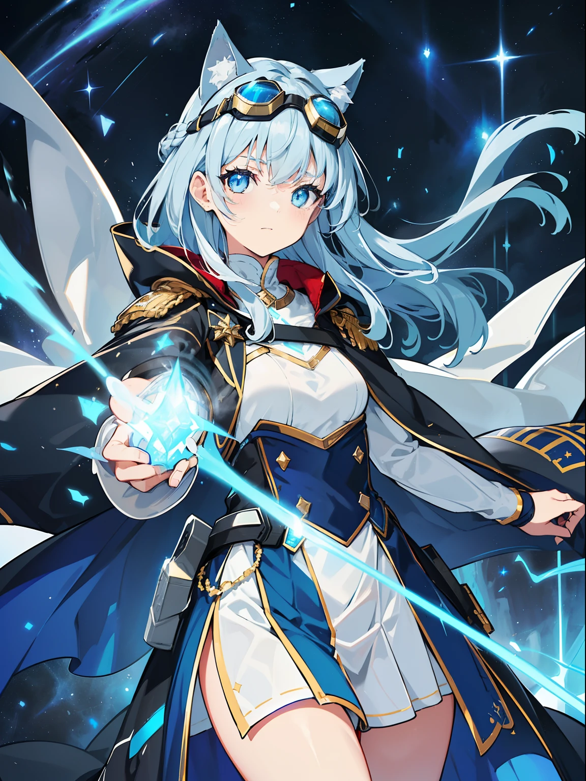 (She has cat ears:1.3),(Blue eyes in the starry sky:1.3),(Face Focus:1.3), (Wear detailed blue goggle-shaped goggles on your head:1.4),(sad:1.3),(Happy expression:1.3),(A smile:1.3),(Otome Knight:1.3),(long gray hair with bright details,:1.3), (hair messy:1.3), (Magic knight wielding fire torpedoes:1.3), (perfectly detailed eyes:1.3),(Adult leeway:1.3),(Battle angles that unleash the magic of flames from your hands:1.3),(dance:1.3),Her skin is pale,(Blue and white and gold war maiden costume:1.3),(small tit:1.5),(Blue military uniform jacket with red straps on shoulders and back:1.3),(Black and gold and red pirate suit:1.3),(Blue Lightning Brave Sword:1.3),She is a war maiden,Emitting an aura of light,(Face Zoom:1.3),Highest Quality, (Gripping the silver sword accurately:1.3),(Many blue glowing blades fly around her:1.3),Complex castle town,Lens Flare, Big rainbow,The moon shines,money, bloom, ((light glow)), chromatic abberation], Digital Painting, Insane details, Intricate details, Beautifully color graded, Anime Clothing,Unreal Engine, Cinematic , colour grading, Editorial Photography , Photography, Kiss Shot, Canon 5D Camera Photography,Shot on 70mm lens, Depth of subject, ultra sharpness, nffsw, octane, Unreal, Dramatic light, Global Illumination,Motion Picture Film,rainbow,lensflare,(Blue Cross and Shooting Star Aura Wave:1.3),(Blue military uniform cloak、Red string:1.3),(Agfacolor:1.3),(close portrait:1.3),(Feminine:1.4),(Beautiful:1.4),(Attractive:1.3),Move an angle,Themed Background,