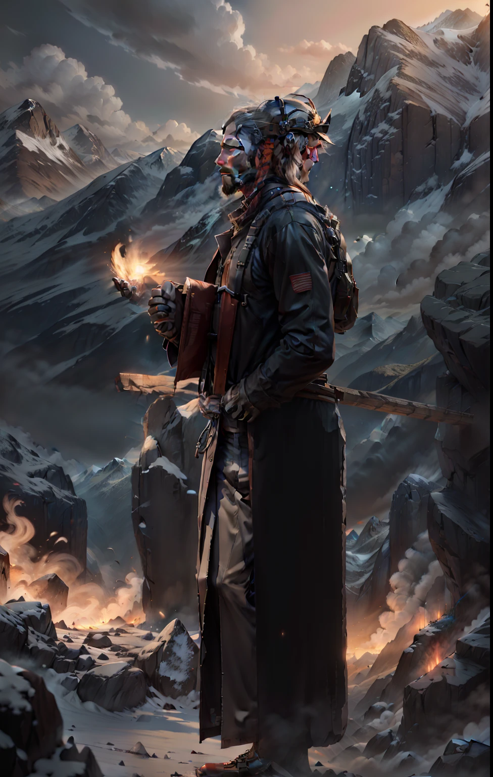 Man standing in the mountains, hyper realistic, 8k