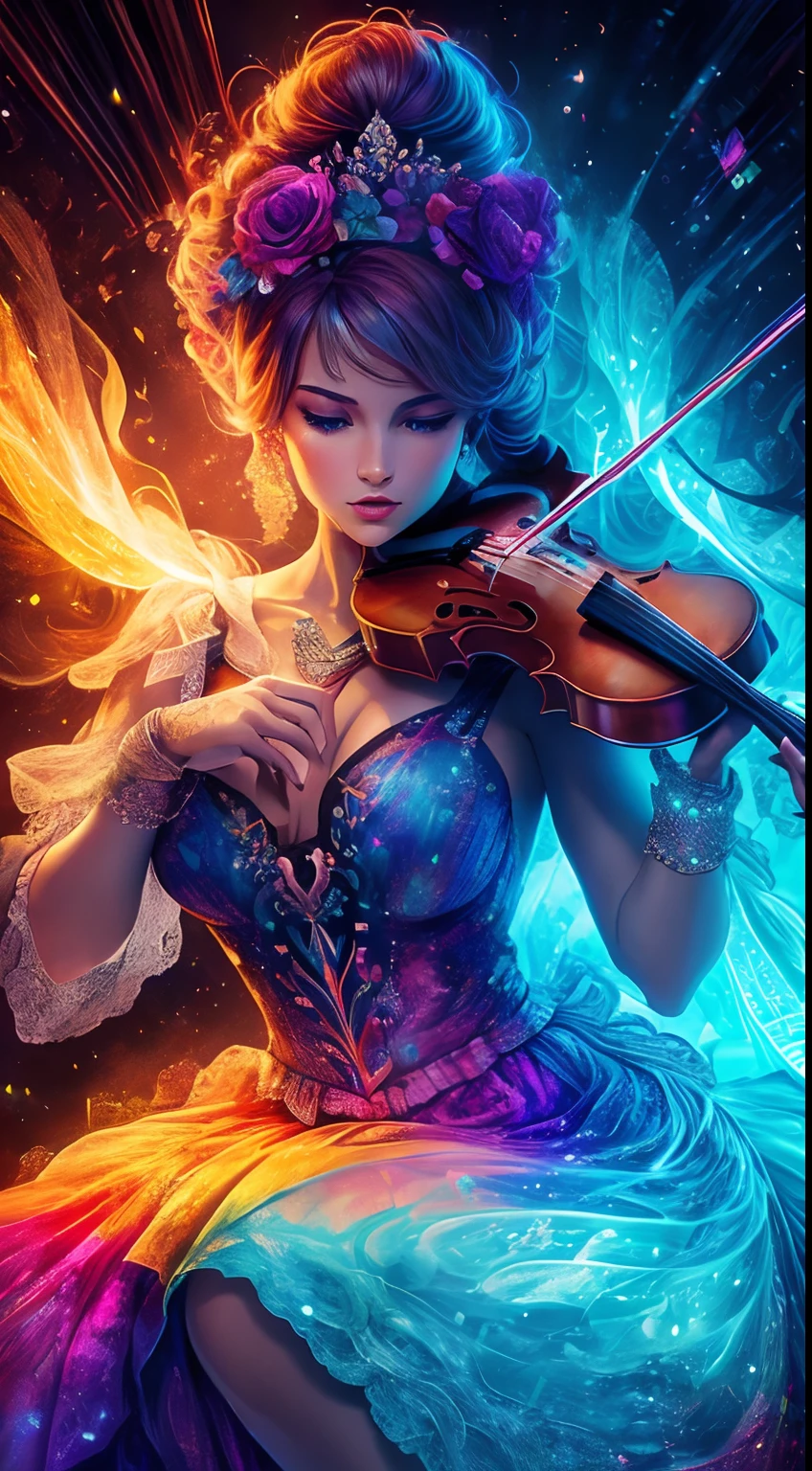 HDR ultra resolution 4k, 8k, 32k, 120k, beautiful fantasy art, con preciosos detalles intrincados, beautiful woman the most beautiful, Playing the violin, Colorful musical notes come out of the violin, notas musicales de colores al rededor, notas musicales en el aire, sonidos de colores en el Aire,  obra maestra ultra detallada muy colorida, Fantastic color palette,