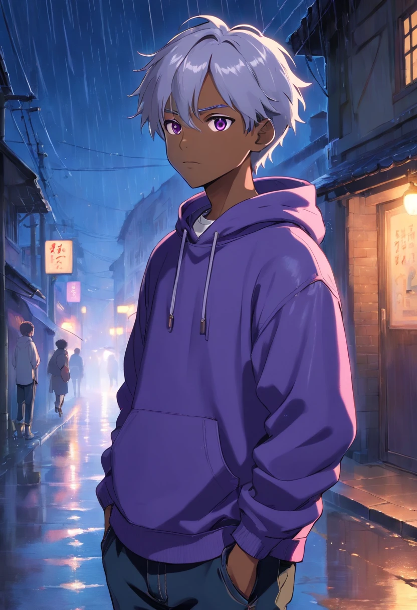 Young adult, african american male, bright purple eyes, short straight silver hair, blue sweatshirt, black jeans, hands in pockets, warm smile, standing in heavy rain, night time,