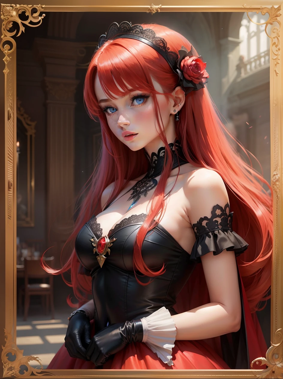 1 girl, red hair, penelope eckart, manhwa, realistic, beautiful, cool, blue eyes, black noble lady dress