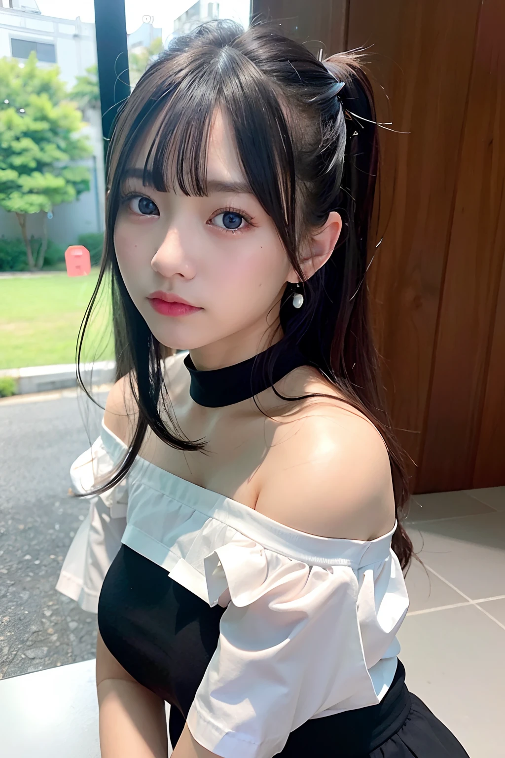 top-quality、超A high resolution、(Photorealsitic:1.4)、1人、Off-shoulder white shirt、Black tight skirt、Black choker、(faded ash gray hair:1)、(huge-breasted:1.2)、looking at viewert、a closeup、ssex、cum shots、ahe face