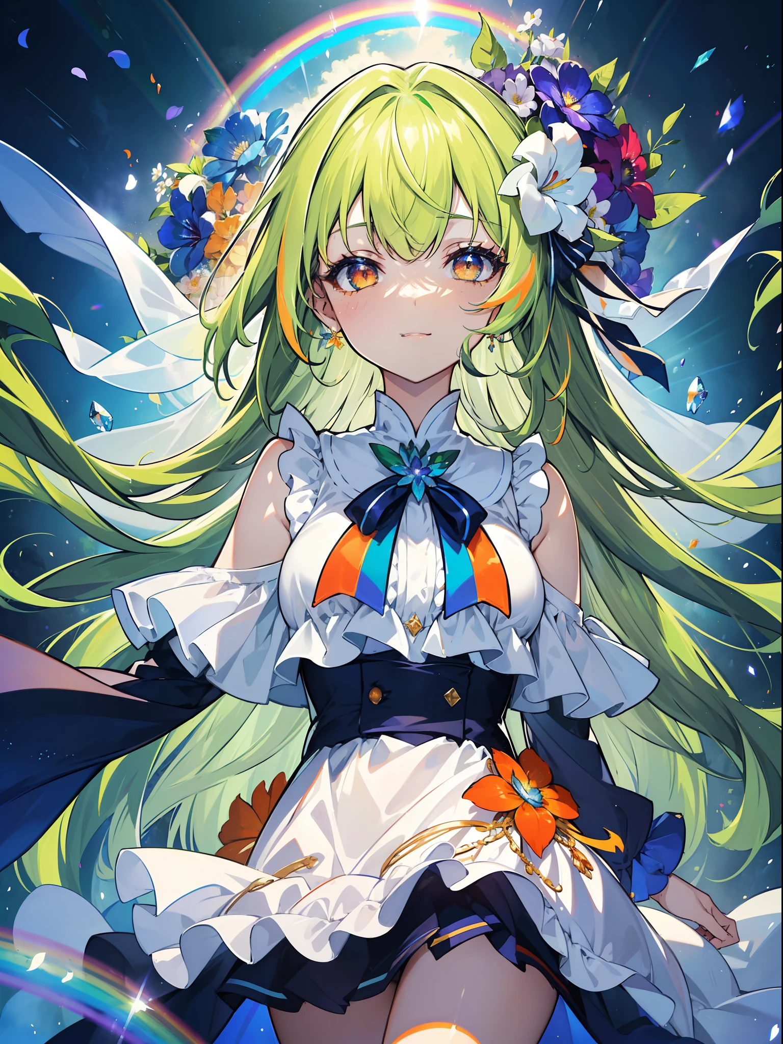 (Cat's ears:1.3),(Bright green straight hair with details:1.7),straight haired,(Face Focus:1.3) (Rainbow Background:1.3),(Open your mouth and smile shyly:1.3) ,(Slim Faces:1.3),(tiny chest:1.0),(Lip close-up:1.3),(Half closed eyes:1.3), (Angel Bride Dresses:1.2), (Sleeping face:1.3), (Complex iridescent ribbons:1.3), (Mini skirt with red ruffles:1.3),sleeping princess,(Blue sky and complex prairie:1.3),A deep blue sky and a vortex of light enveloped her, Canon 5D, 85 mm, depth of fields, 8K, ultra sharpness, nffsw, octane, Unreal, Dramatic light, Global Illumination,Motion Picture Film,rainbow,lensflare,(Orange Eyes:1.3),extremely detailed eye,(Flower Rainbow Art:1.3),(Fantasia:1.3),(Agfacolor:1.3),(close portrait:1.3),(Feminine:1.4),(Beautiful:1.4),(Attractive:1.3),Move an angle,perfectly detailed eyes,Themed Background,Large grasslands,(Chest zoom:0.7)