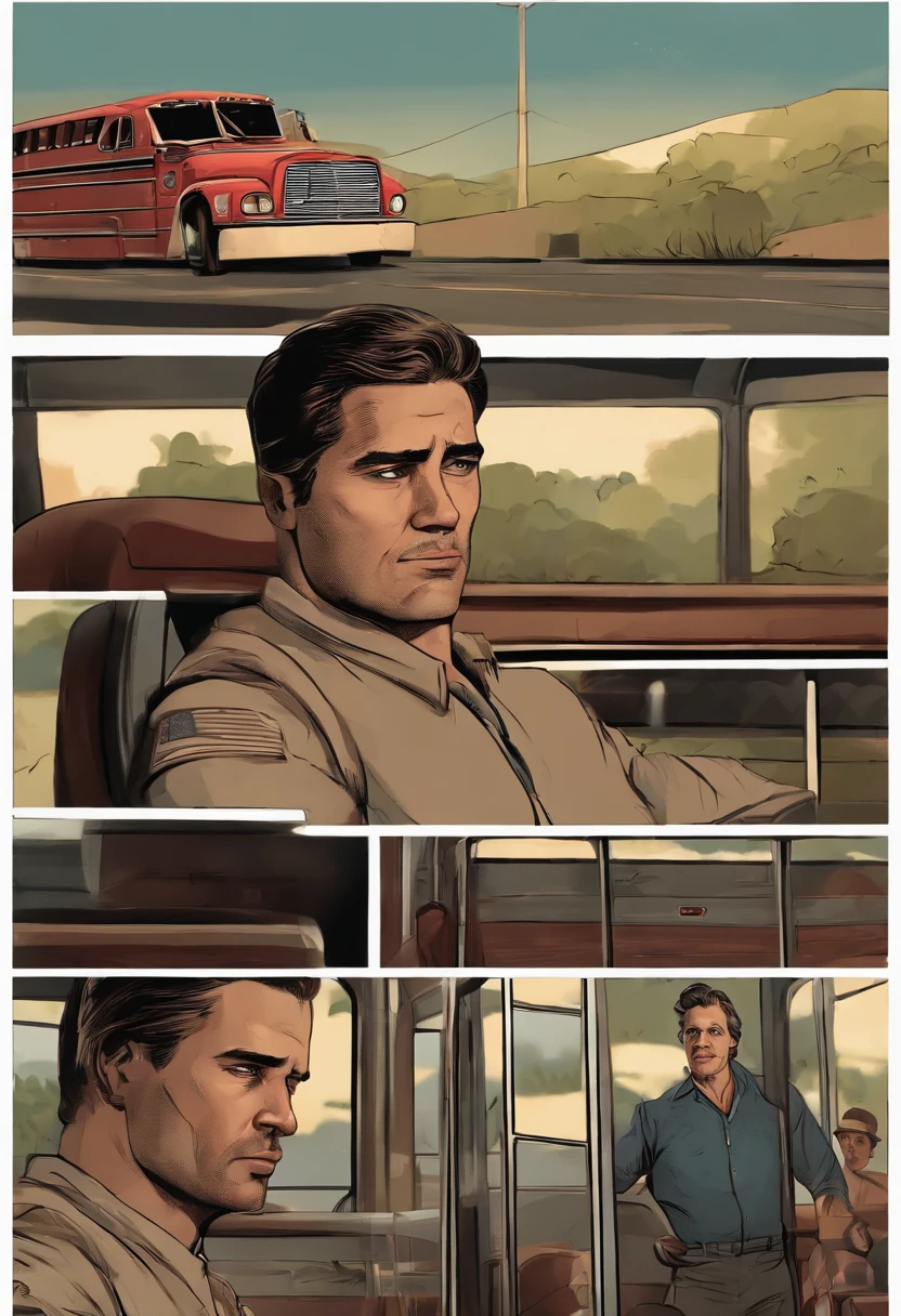 Quadrinhos americanos, The comic is presented in several irregular panels with colors. sombrias, A bus driver looks back with blank eyes and a deformed face, dois jovens entram no onibus, . The style is exaggerated and detailed, photorealista