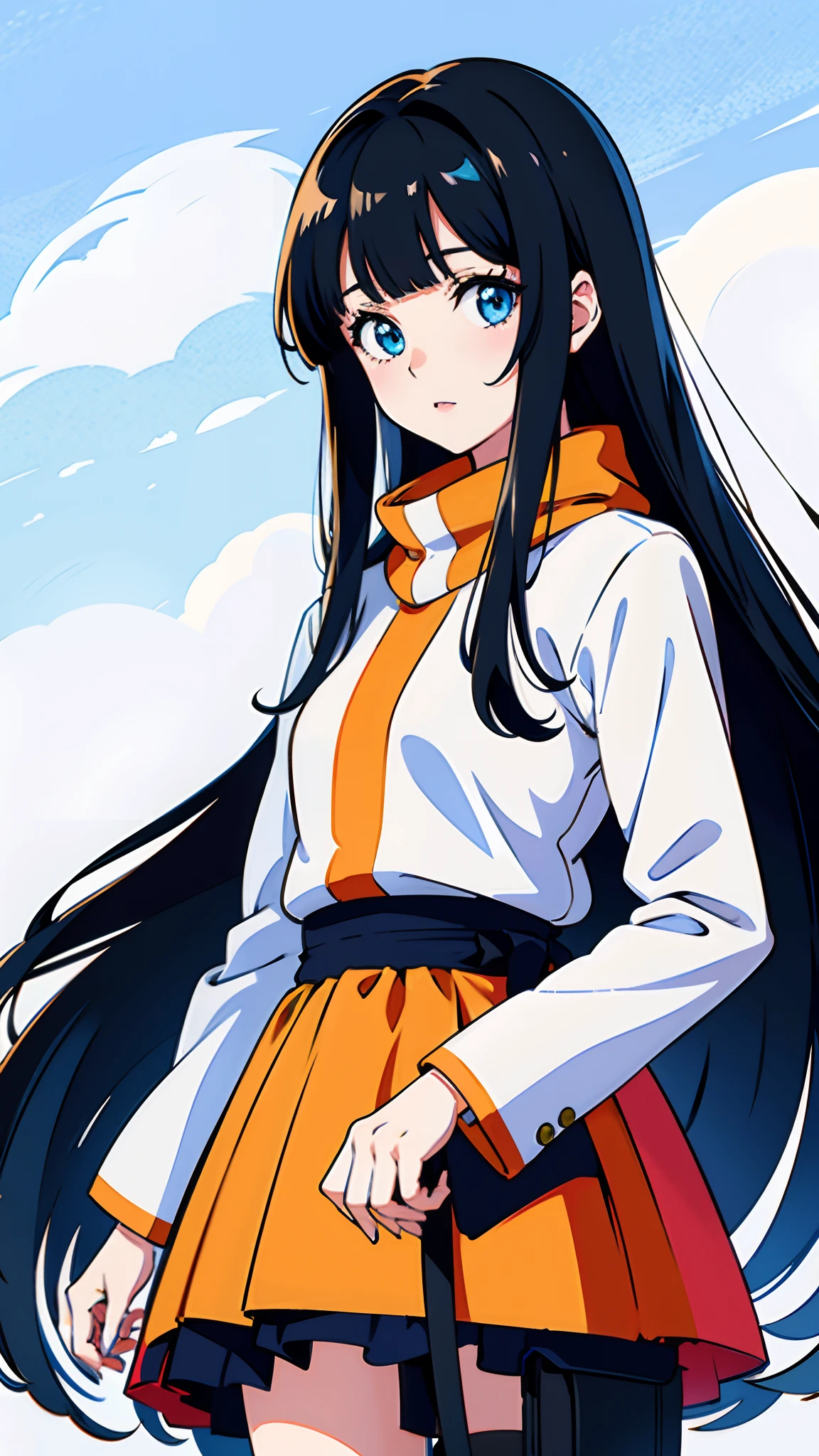 best quality, realistic:1.37, ultra-detailed, an anime girl in the winter, black hair, hime cut, hime hair cut, long hair, bangs, straight bangs, blue eyes, detailed eyes, beautiful, cool, kuudere