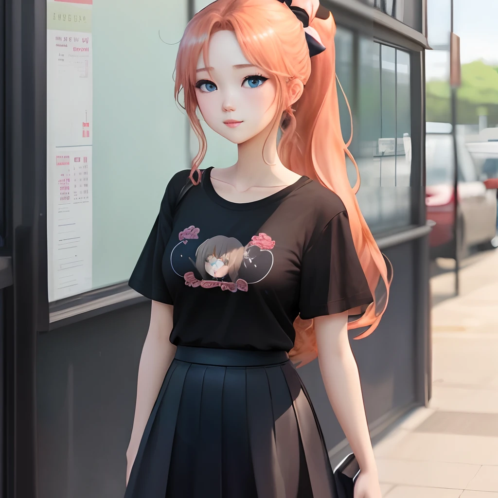 A anime girl with peach long hair in ponytail with blue eyes. Wearing black plain shirt and skirt